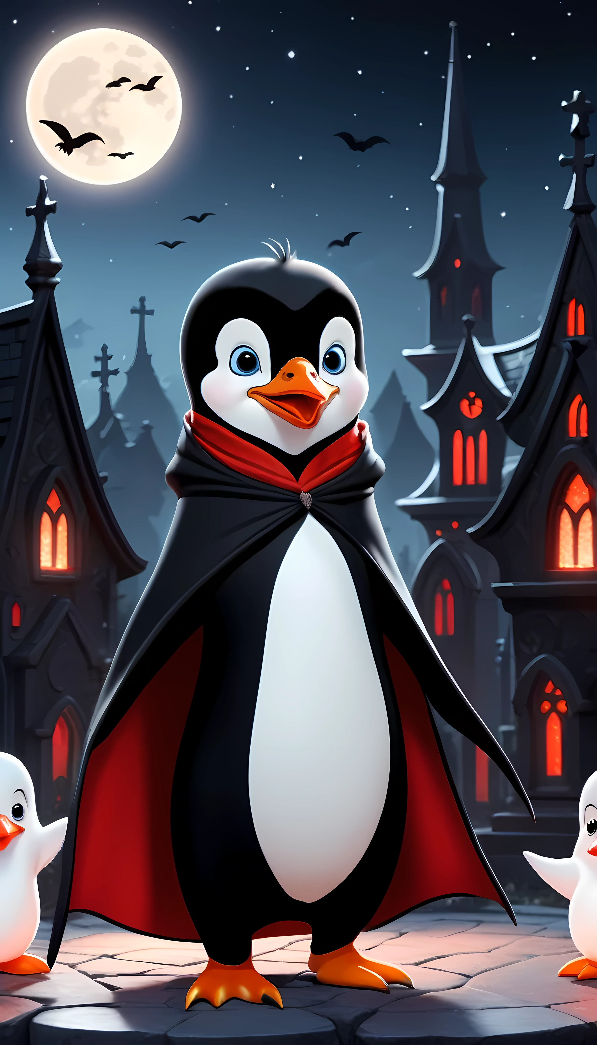 CuteCartoonAF, Cute Cartoon, Vlad the Penguin, a friendly and stylish penguin vampire dressed in a sleek black cape with striking red lining, surrounded with adorable floating ghosts amidst the moonlit graveyard setting. | ((More_Detail))