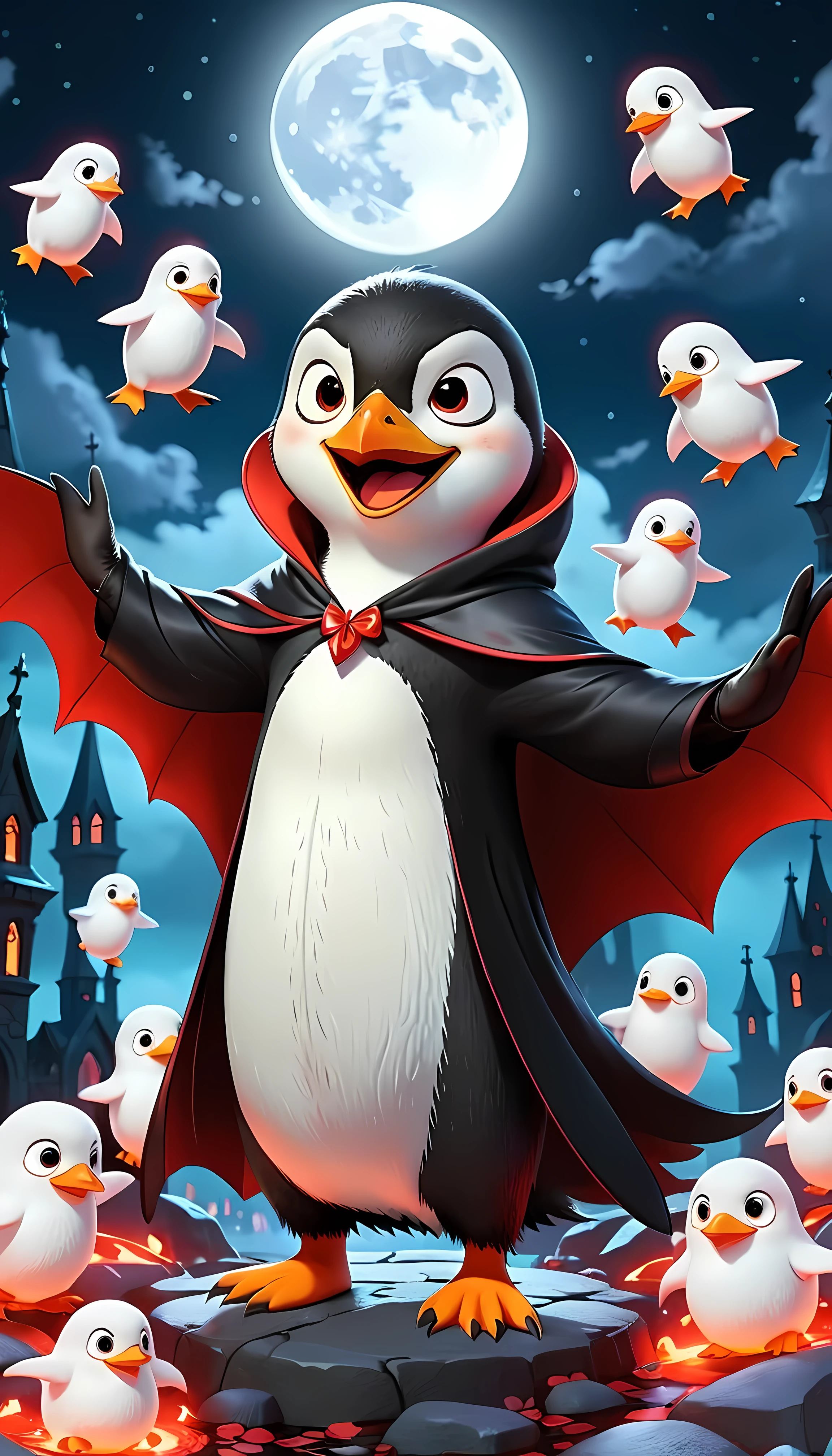 CuteCartoonAF, Cute Cartoon, Vlad the Penguin, a friendly and stylish penguin vampire dressed in a sleek black cape with striking red lining, surrounded with adorable floating ghosts amidst the moonlit graveyard setting. | ((More_Detail))