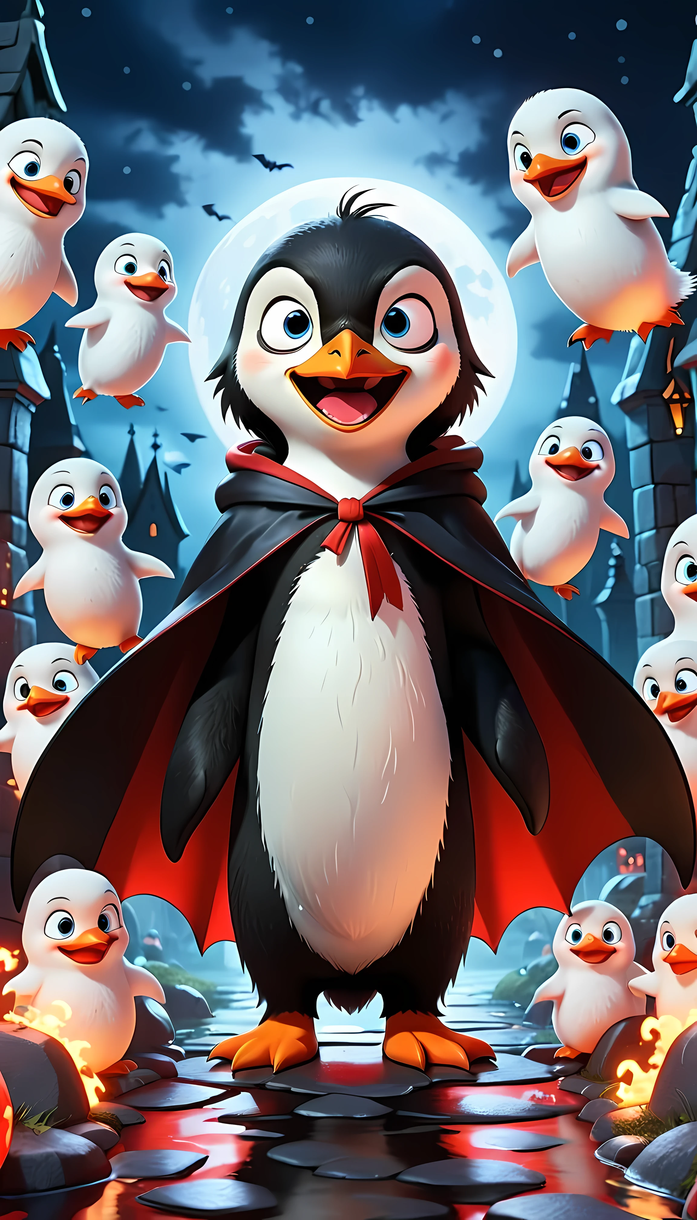 CuteCartoonAF, Cute Cartoon, Vlad the Penguin, a friendly and stylish penguin vampire dressed in a sleek black cape with striking red lining, surrounded with adorable floating ghosts amidst the moonlit graveyard setting. | ((More_Detail))