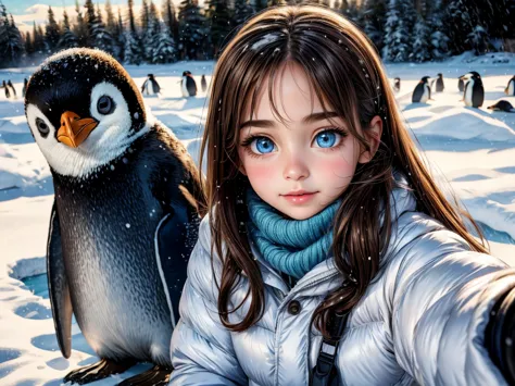 A girl playing with penguins,oil painting,beautiful detailed eyes,beautiful detailed lips,extremely detailed eyes and face,long ...