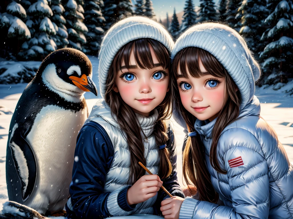 ペンギンと遊ぶ女の子,油絵,美しい細部までこだわった目,美しい唇のディテール,非常に詳細な目と顔,長いまつ毛,遊び心のある表現,かわいいペンギン2羽,柔らかな冬の光,リアルな色彩,高解像度,ペンギンとの交流,楽しい雰囲気,真っ白な雪,冷たい背景,楽しさと幸せ,ふわふわのペンギンの羽,愛らしいポーズ,友好的なつながり,キラキラした目,ペンギンの友情,楽しい瞬間,雪が降る,素敵な女の子の服装,穏やかな背景,正確な筆遣い,絵に描いたように完璧なシーン,ペイント効果,微妙な影,魔法のタッチ,氷のような青い色,女の子の目には遊び心のある輝きがある,自然の美しさを鑑賞する,一生の思い出.