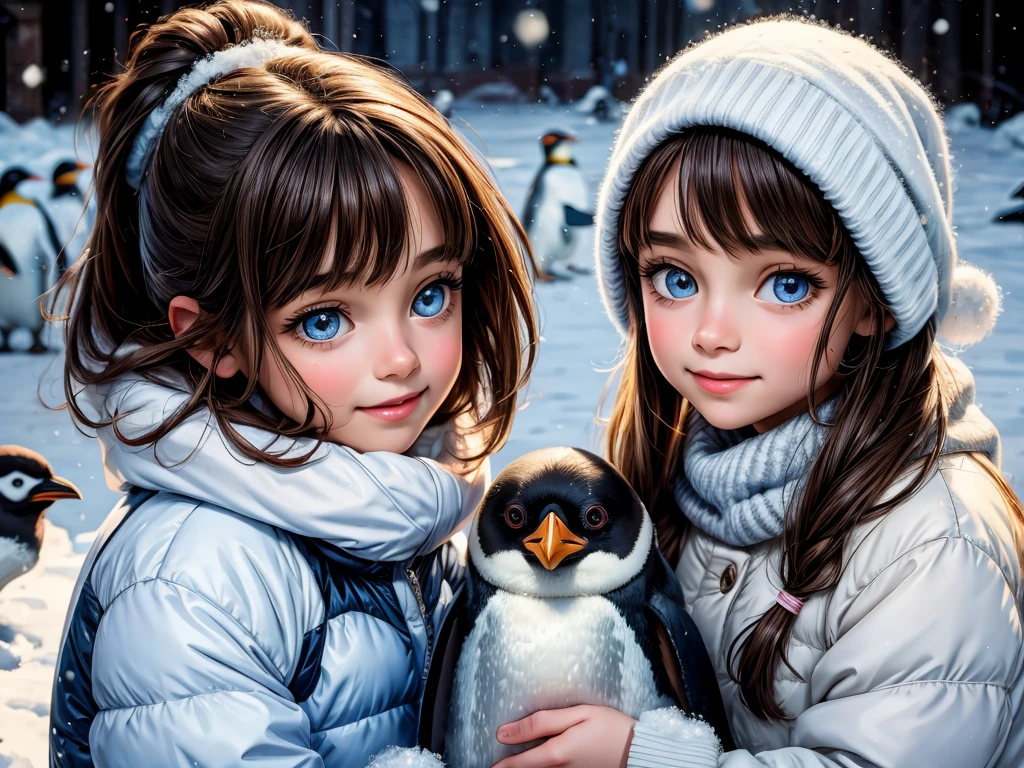 A girl playing with penguins,oil painting,beautiful detailed eyes,beautiful detailed lips,extremely detailed eyes and face,long eyelashes,playful expression,two cute penguins,soft winter light,realistic colors,high resolution,penguin interaction,joyful atmosphere,pure white snow,cold backdrop,fun and happiness,fluffy penguin feathers,adorable poses,friendly connection,sparkling eyes,penguin companionship,delightful moments,snowflakes falling,lovely girl's outfit,serene background,precise brushstrokes,picture-perfect scene,painting effects,subtle shadows,touch of magic,icy blue colors,playful twinkle in girl's eyes,appreciating nature's beauty,memories of a lifetime.
