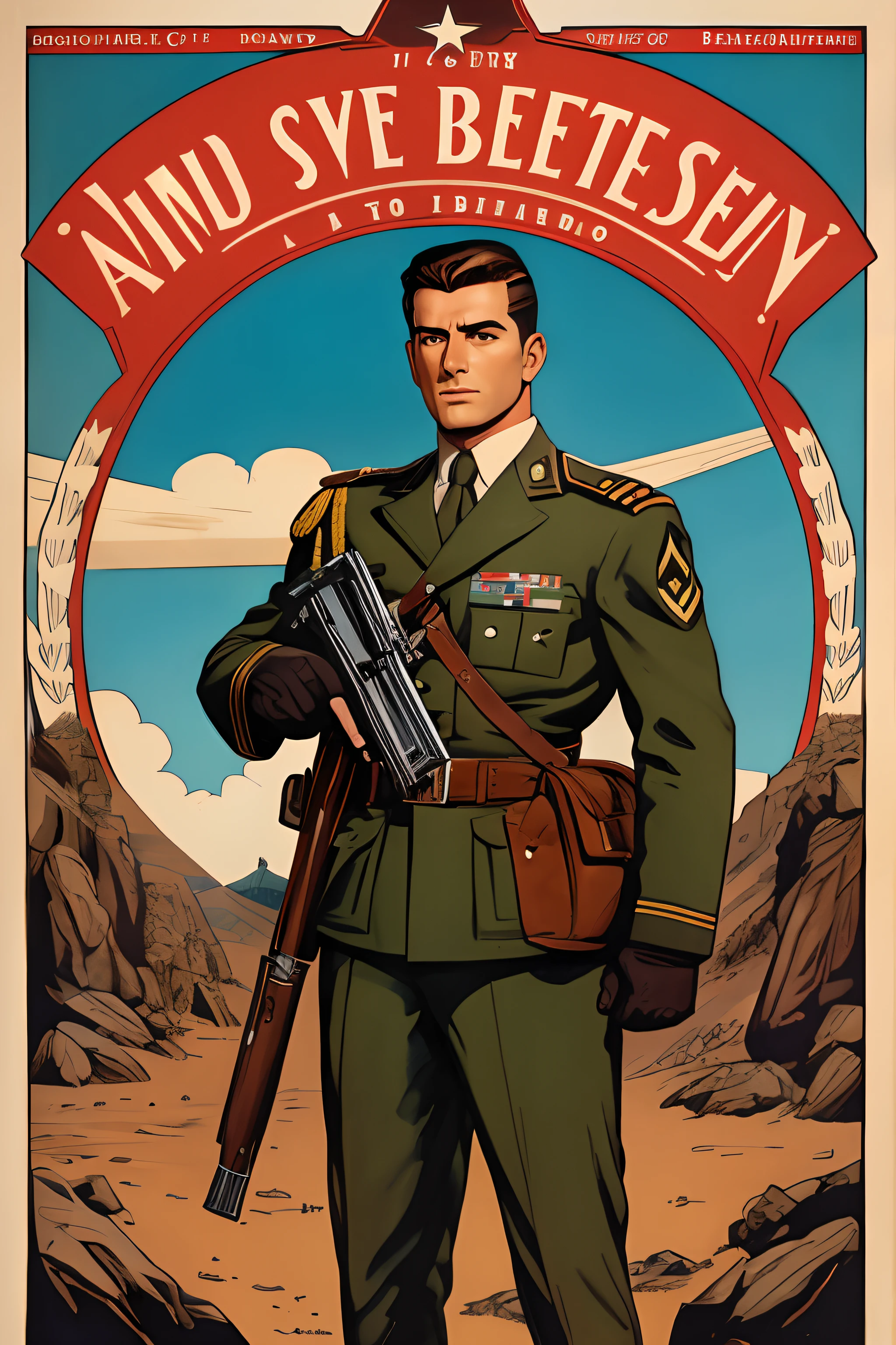 约翰·布西马的艺术灵感, 第二次世界大战海报, 我们看到一名学员向上级敬礼, 完美的军装, 齐肩短发, 红色头发颜色, 浅绿色的眼睛, 小乳房, 修长的身材, 在战场上威风凛凛, 炮火, 展现严肃和信念的场景