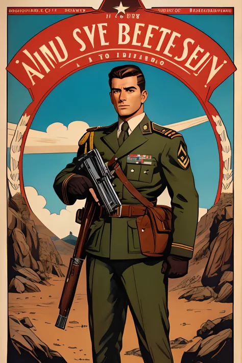 Arte inspirada John Buscema, Cartaz da Segunda Guerra Mundial, Vemos uma cadete saudando um superior, uniforme militar perfeita,...