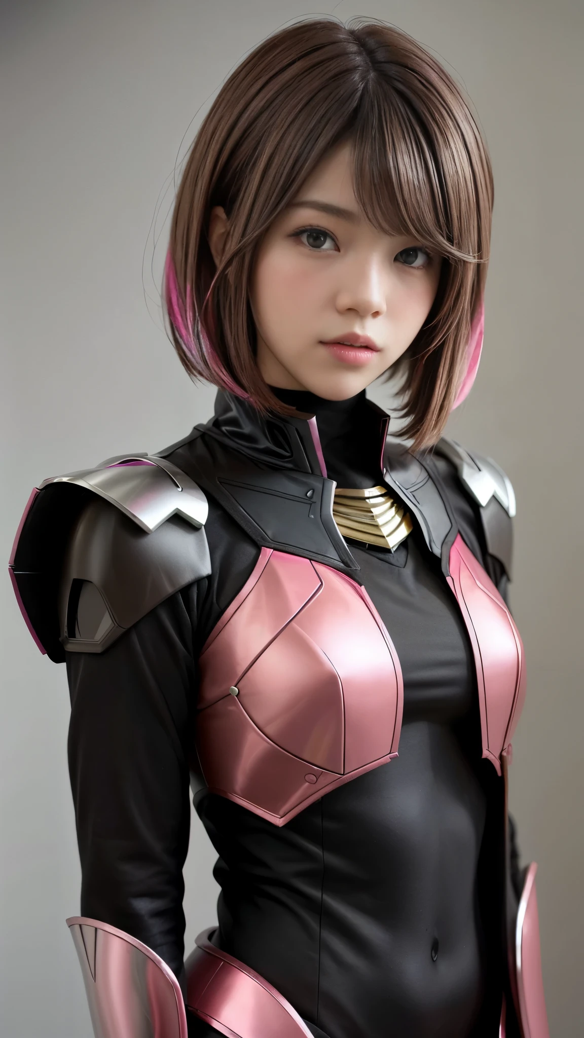 Photo of two realistic black Sazabi girls，Shortcut Bob Cut，I have a lot of hair，brown eyes，Hair color is bright pink，cool look，background is gray，16 year old daughter of Haman Khan and Char Aznable.