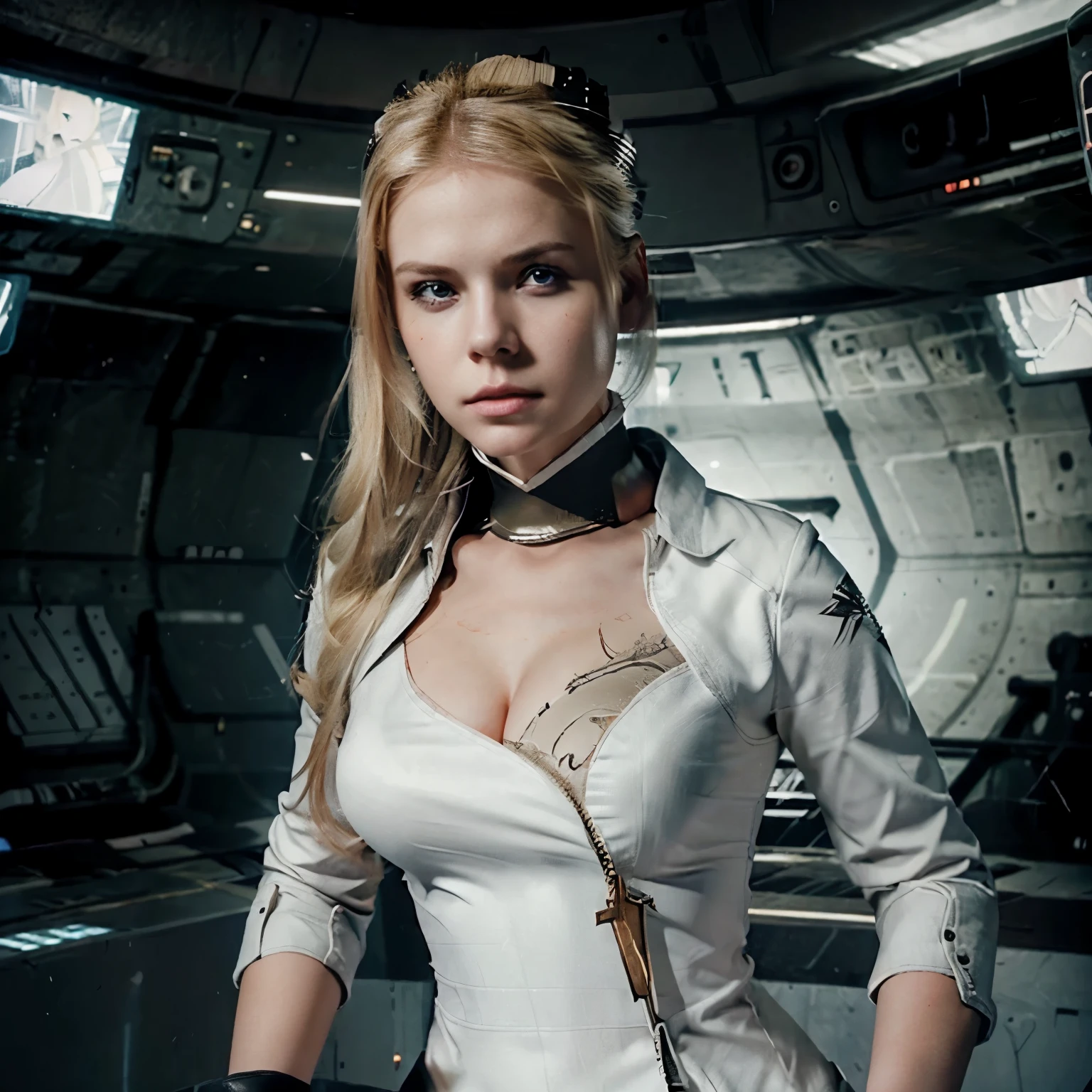 Beautiful girl. (((Perfect face))). Commander White. Blonde. Wearing a white dress. She is in a bunker with big screens. Angry