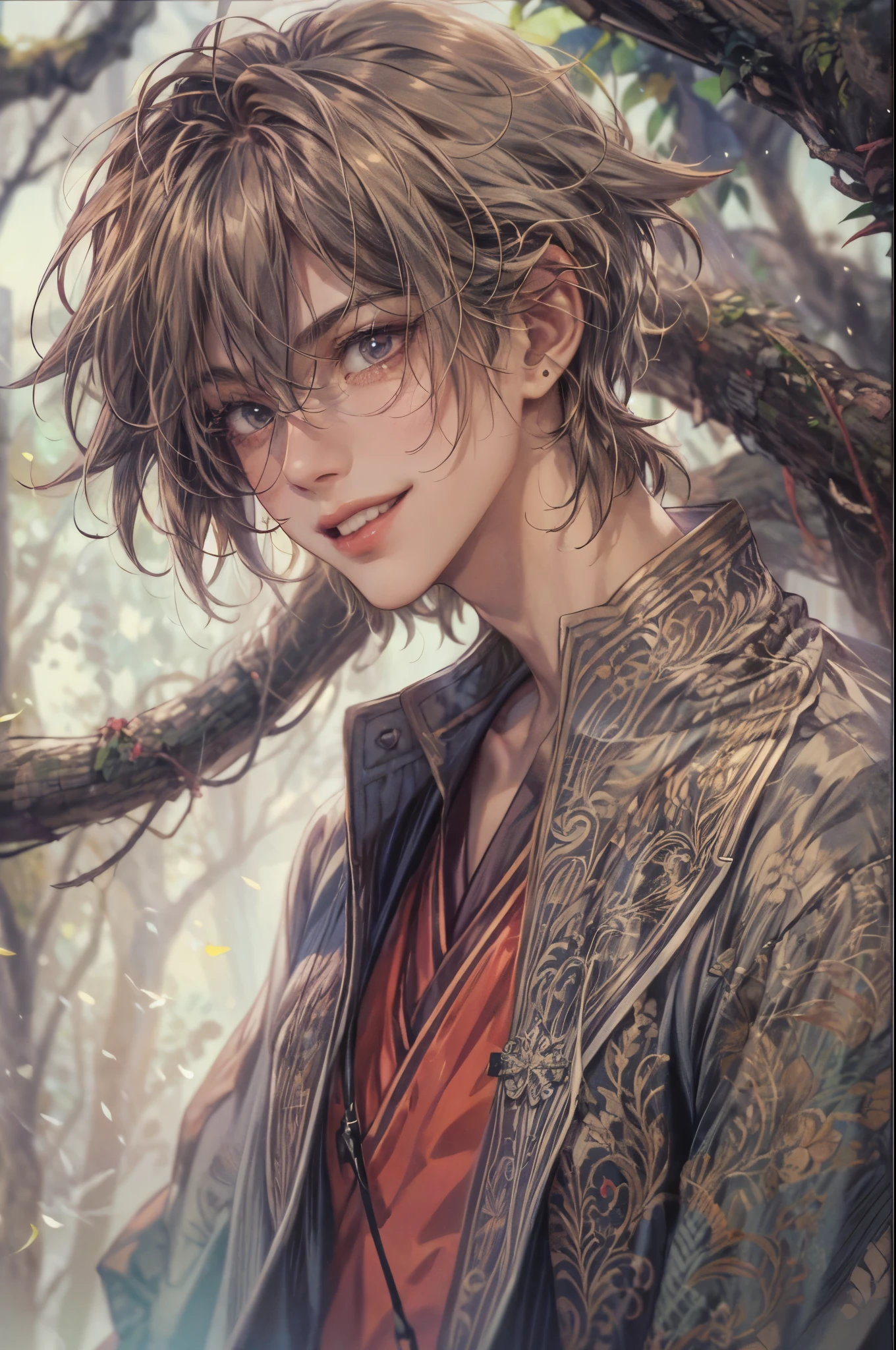 ((Best quality)), ((masterpiece)), (detailed), ((perfect face)), ((halfbody)) handsome face, male, teen boy,  perfect proportions , a male version character from fushigi yugi, short hair, male version, creepy smile, detailed eerie background, detailed eerie scenery 