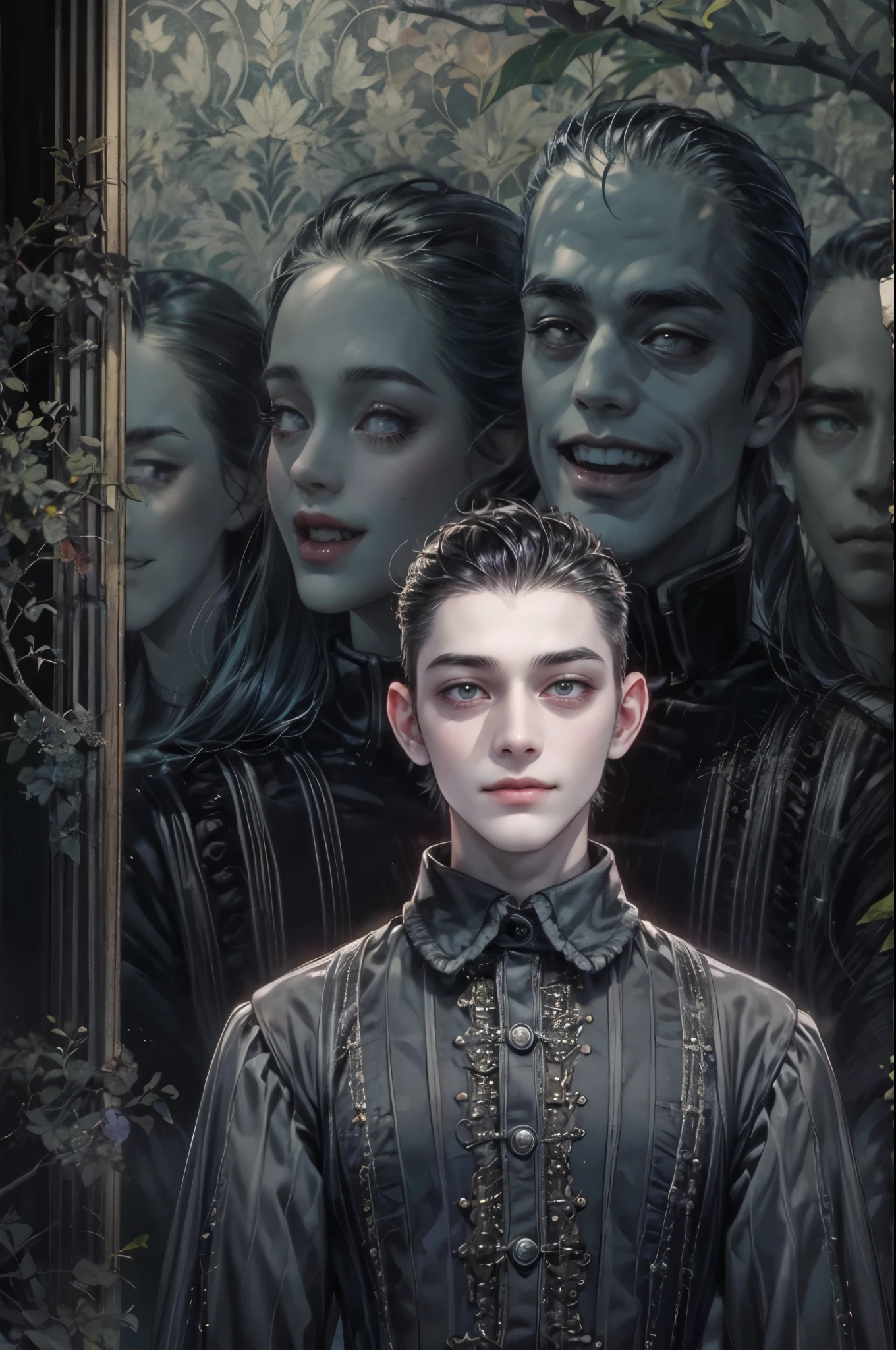 ((Best quality)), ((masterpiece)), (detailed), ((perfect face)), ((halfbody)) handsome face, male, teen boy,  perfect proportions , a male version character from the addams family, short hair, male version, creepy smile, detailed eerie background, detailed eerie scenery 