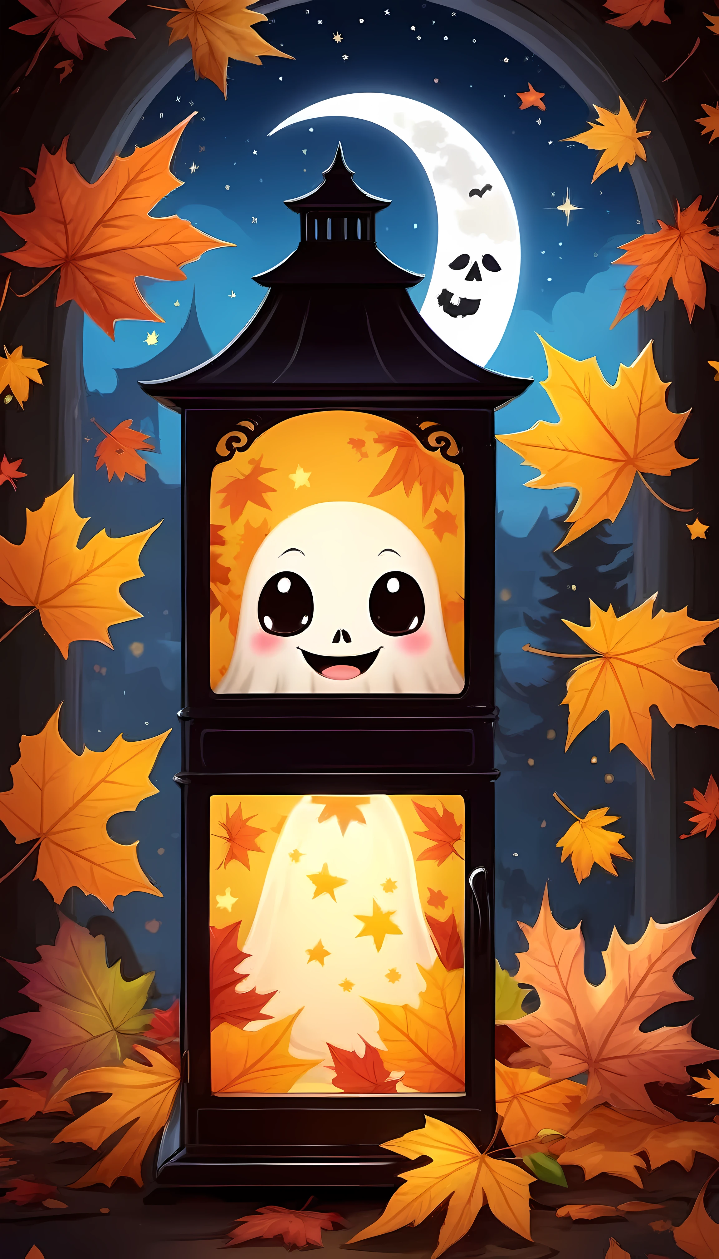 CuteCartoonAF, Cute Cartoon, masterpiece in maximum 16K resolution, superb quality, (a big sticker) on the modern fridge, designed as a cheerful ghost character holding a glowing lantern, floating amidst (colorful) autumn leaves, a friendly smile and playful expression, with the lantern emitting a warm inviting light, surrounded with twinkling stars and a crescent moon in the night magical sky, intricate gothic symbolore_Detail))
