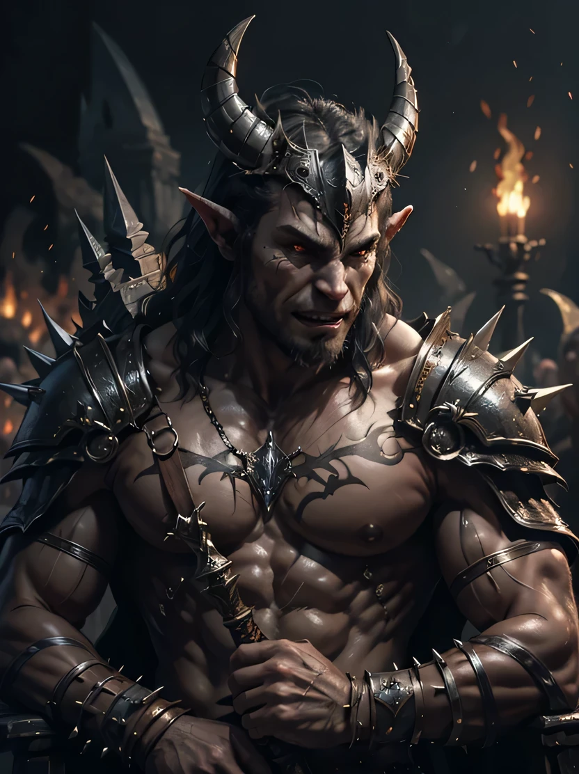 ((masterpiece、highest quality、Super detailed、High resolution、sharp focus、cinematic lighting))、((1 male、bust shot、face light))、((brave orc))、strong physique、Lustrous skin、have a lot of tattoos、huge muscular body、smile、bloody face、sharp teeth and fangs、glowing red eyes、Corners of the forehead、metal armor、warrior metal armor、((helmet with horns and spikes))、battle scars and scars、hold a weapon、battle ax、spark、fire and smoke behind、Charred and destroyed background、eerie atmosphere、intimidating posture、view audience、spiked armor、WLOP、zrpg style