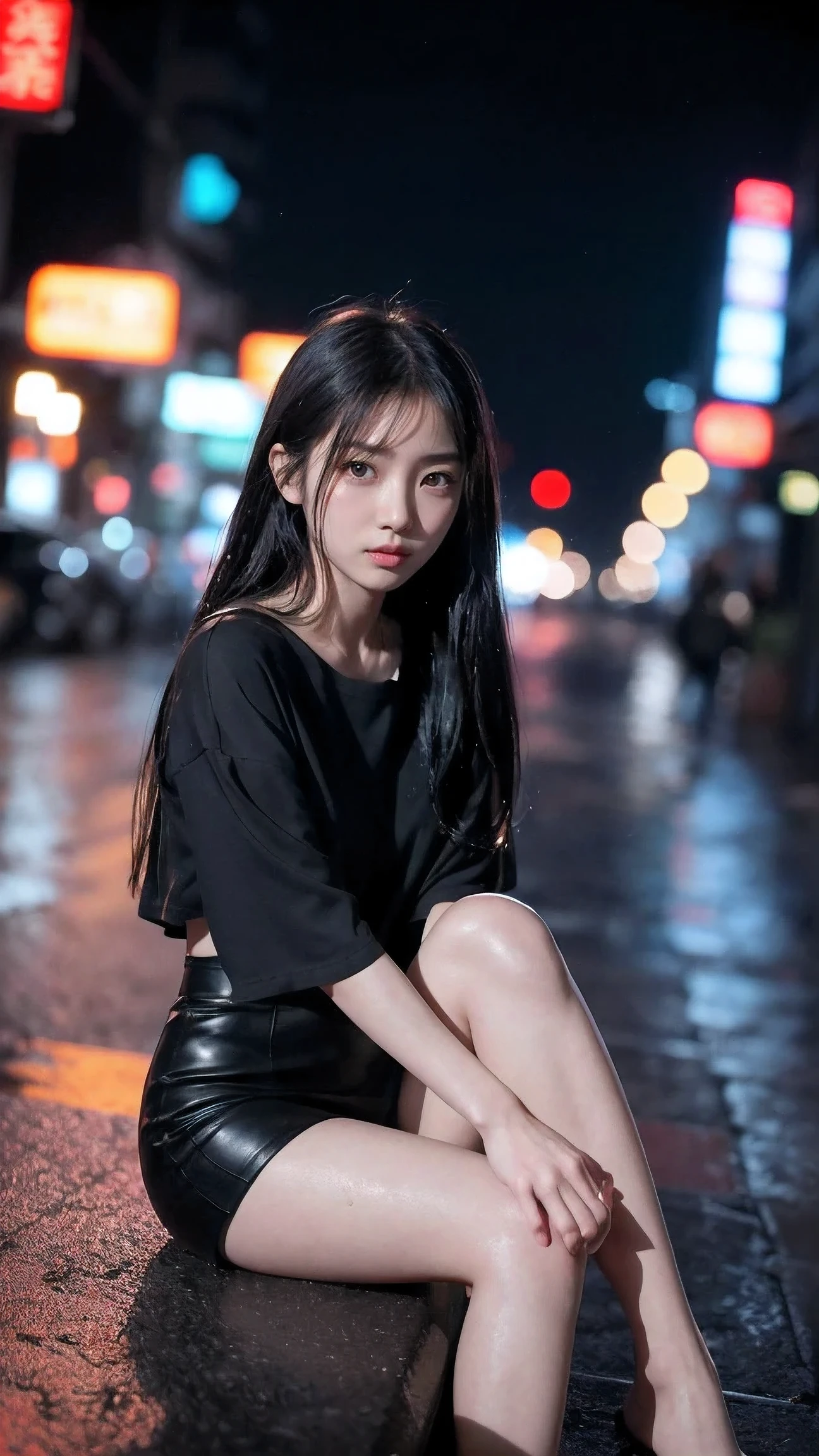 1女of子,alone,long hair,rough skin,from before,sit with legs apart、troubled face、顔of焦点,(looking at the viewer:1.2),wet hair,dark,polaroid,(depth_of_field:1.5),雨of日,outdoors,street,目of間of毛,moody lighting,Tyndall effect,映画ofような照明,night,street lamppost,Lens flare,available light,rim light,glowing neon lights,Completely naked,韓国of女of子,