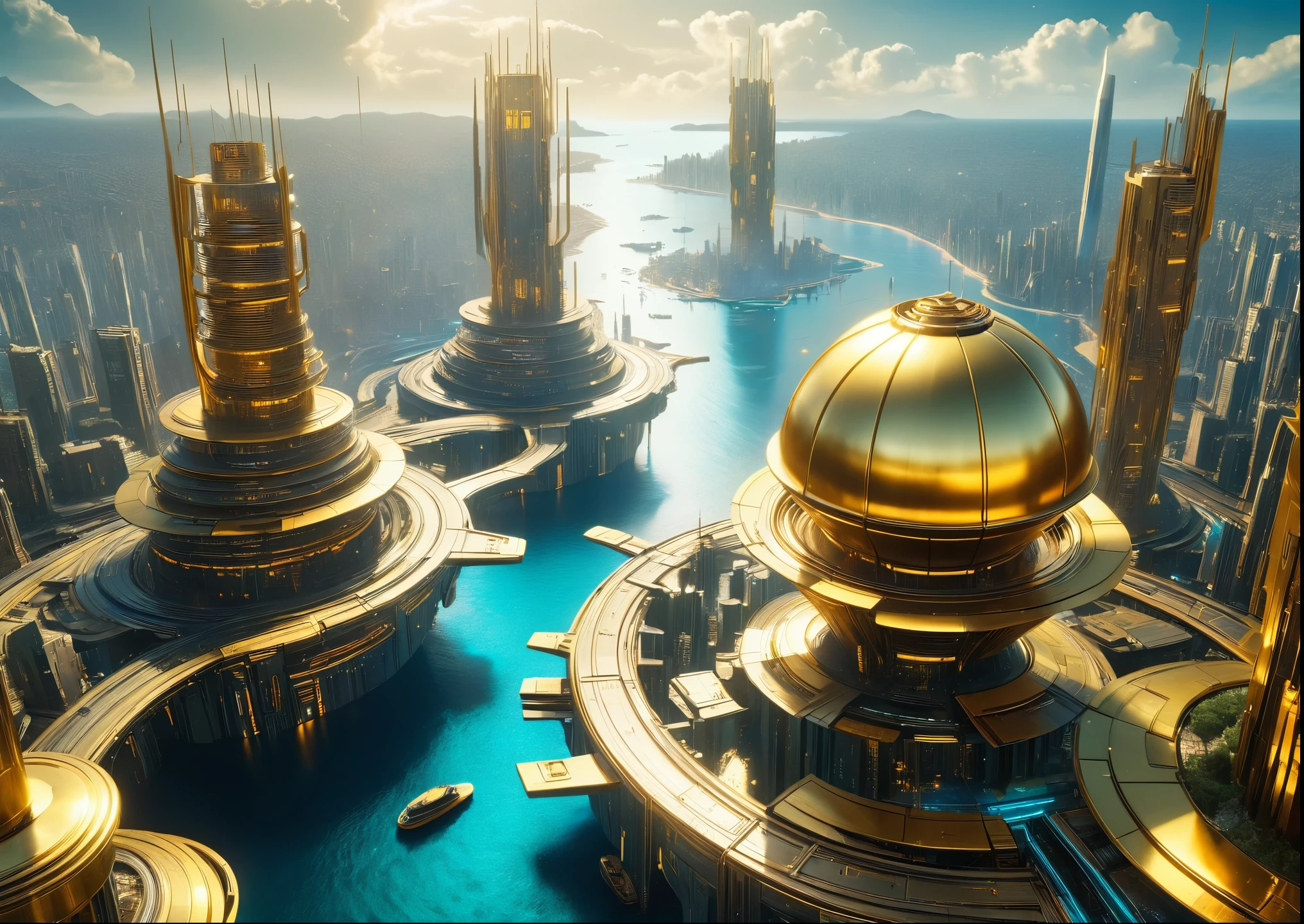 aerial view:2，hive city，cyberpunk style，Futurism，Surrealism，City by the sea，Aerial View，gold，，steel，brass，power surge