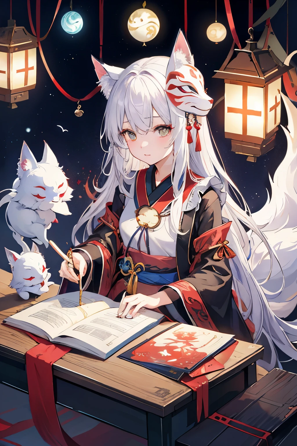 Anime girl with white hair and long white hair sitting at a table - SeaArt  AI