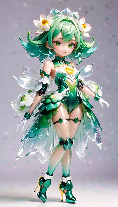 (Blind Box Spielzeug Stil:1.2),full body, solo,white background,(A female robot in a transparent green and white gradients Lotus flower dress, wearing gloves and high heels),(Chinese color,Very colorful), 3D