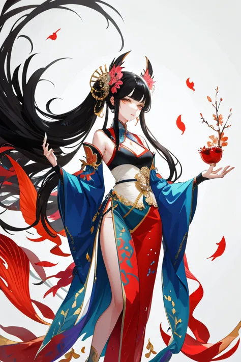 （the anthropomorphization of chinese mythical beasts，beautiful girl，wear colorful clothes），full body standing painting，wide slee...