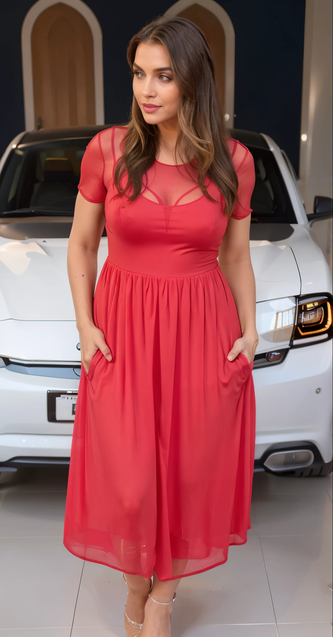 A woman in a red dress standing in front of a white car - SeaArt AI