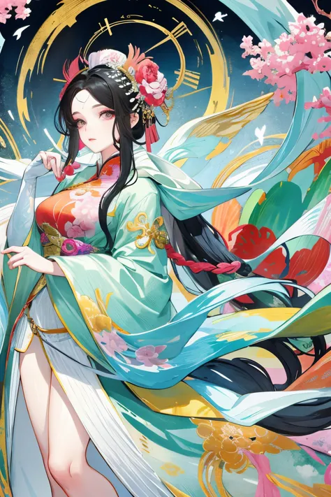 （the anthropomorphization of chinese mythical beasts，beautiful girl，wear colorful clothes），full body standing painting，wide slee...