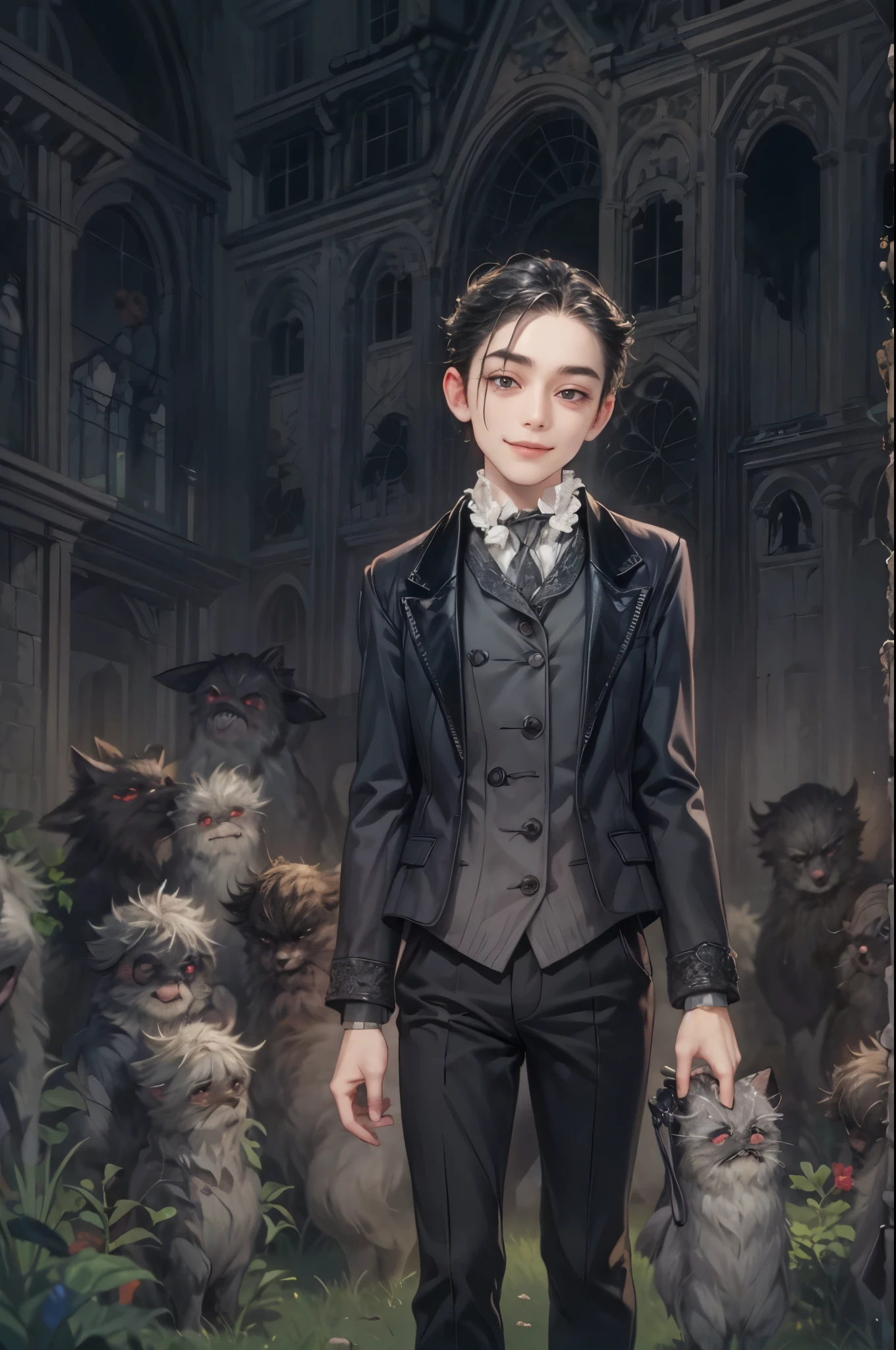 ((Best quality)), ((masterpiece)), (detailed), ((perfect face)), ((halfbody)) handsome face, male, teen boy,  perfect proportions , a male version character from the addams family, short hair, male version, creepy smile, detailed eerie background, detailed eerie scenery 