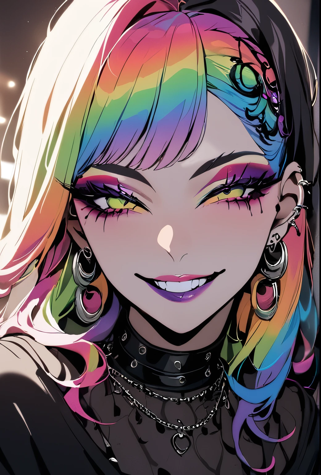 1girl, Holo-Punk Style, rainbow hair, earrings, eyelashes, grin, indoors, jewelry, lips, makeup, necklace, goth, masterpiece, best quality