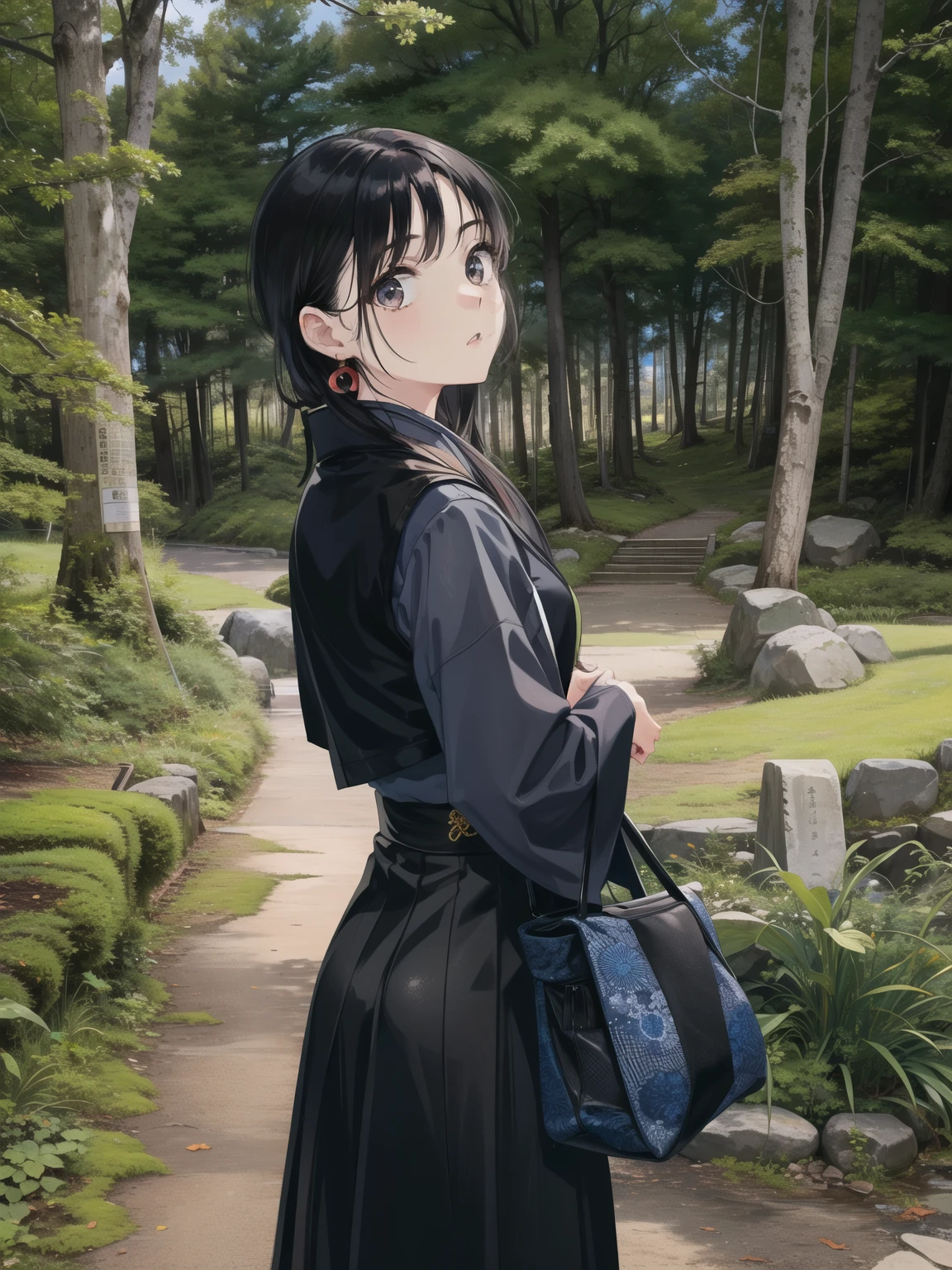 There is a woman standing with a purse in the park, Chiho, sakimichan, wearing a black vest and skirt, Ulzzang, kimono, wearing Japanese tech wear, shinsui ito, wearing a jacket and skirt, Rena name year style 3/4, black leather slim clothes, shikamimi, Yoshitomo Nara