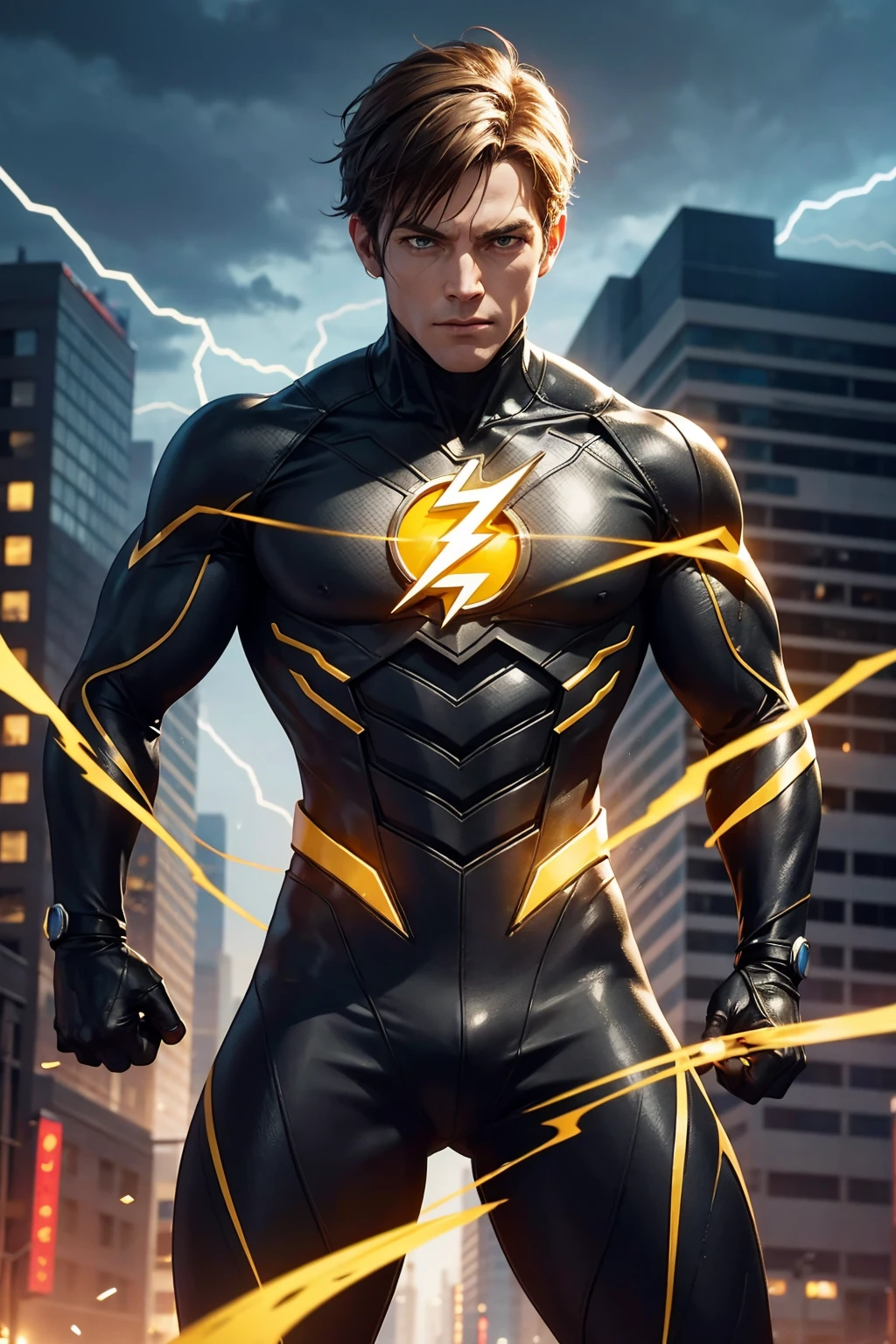 Reverse Flash stands atop a lightning-struck tower, his eyes glowing with malevolent power. His costume is a black and red blur, with a glowing yellow lightning bolt emblazoned on his chest. His hands crackle with electrical energy, ready to unleash his devastating power.

Every detail is rendered with incredible realism, from the individual strands of Reverse Flash's hair to the intricate textures of his costume. The city is a sprawling metropolis, teeming with life and neon lights. The sound design is immersive and visceral, from the crackle of electrical energy to the thunderous roar of Reverse Flash's sonic booms.

