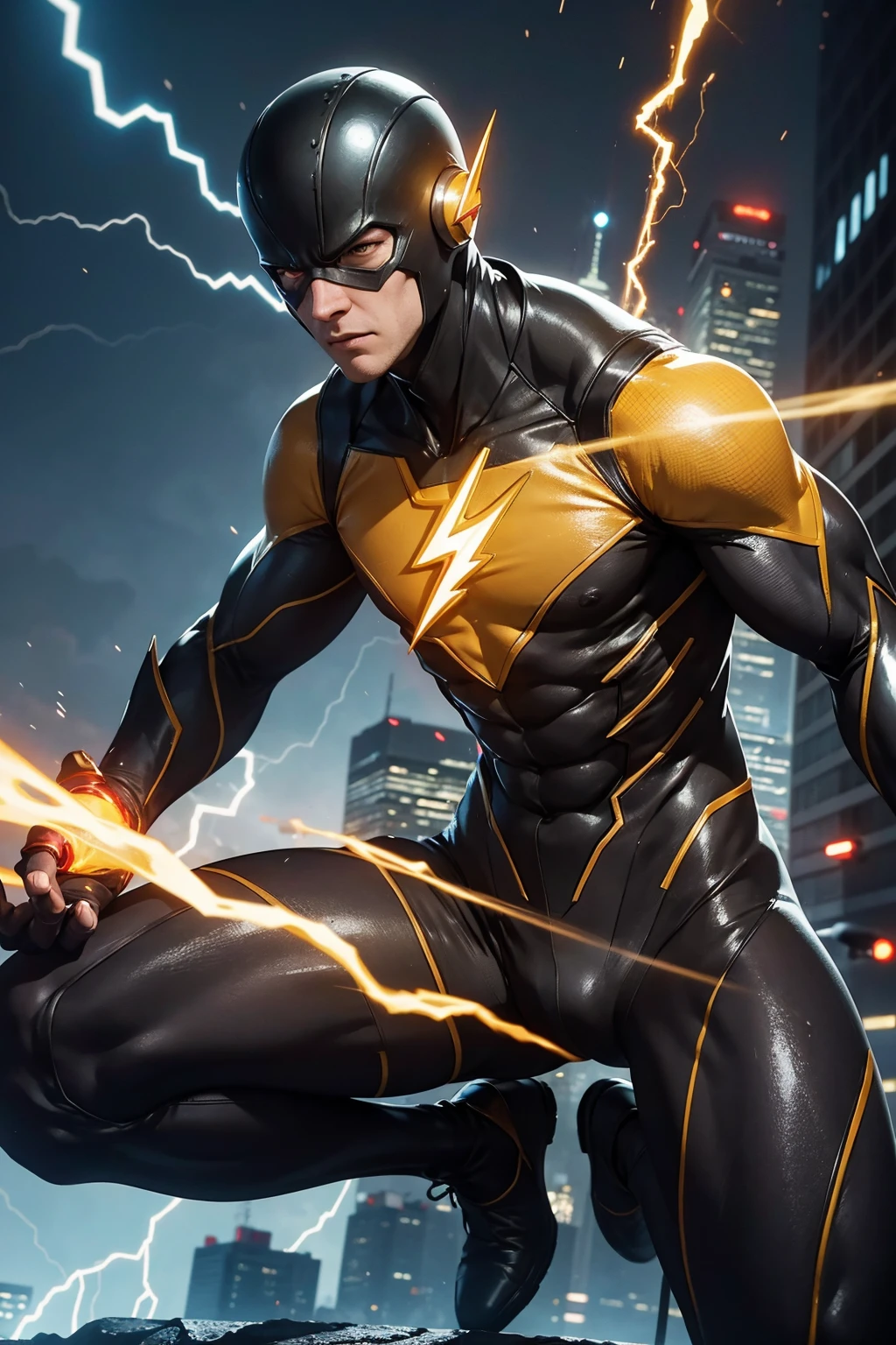 Reverse Flash stands atop a lightning-struck tower, his eyes glowing with malevolent power. His costume is a black and red blur, with a glowing yellow lightning bolt emblazoned on his chest. His hands crackle with electrical energy, ready to unleash his devastating power.

Every detail is rendered with incredible realism, from the individual strands of Reverse Flash's hair to the intricate textures of his costume. The city is a sprawling metropolis, teeming with life and neon lights. The sound design is immersive and visceral, from the crackle of electrical energy to the thunderous roar of Reverse Flash's sonic booms.

