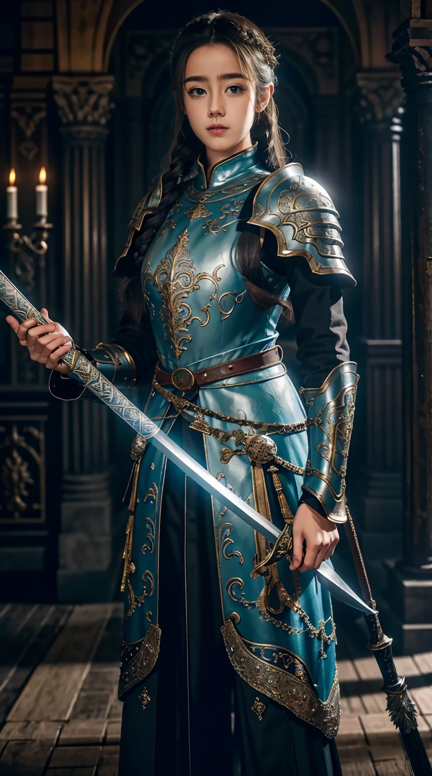 Masterpiece, cinematic landscape, best quality, baroque, realistic, most beautiful woman, long hair, blue eyes, beautiful curves, blue roman medieval armor, worn armor, upper body, looking at the viewer, open field, battlefield
