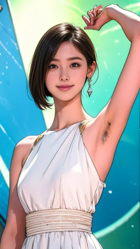 (original photo, best quality), (actual, photorealism:1.3), 1 girl, bob cut、earrings、smile、actualbody,old space costume、ancient、...