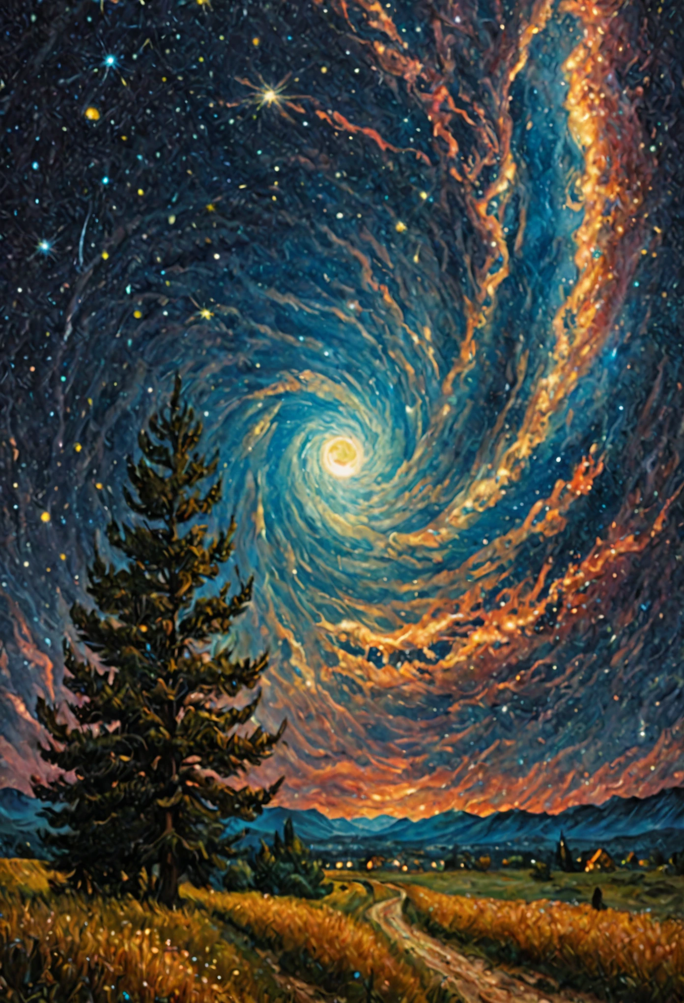 Colorful vincent van gogh starry night sky :: cinematic 16k resolution masterpiece illustration painting consisting of oil, watercolors and ink :: spiral galaxy in the sky :: alien invasion fleet :: frisco watercolors and oil sky raining shooting stars twinkling stars glistening stars glittery stars large full moon stars :: Ivan Aivazovsky Kentaro Miura Gustave Doré Greg Rutkowski romantic naturalism starry night landscape :: intricate motifs perfect composition masterpiece insanely-detailed extreme-detailed hyper-detailed beautiful volumetric deep rich colors volumetric lighting shadows Ray tracing smooth perfect texture :: james webb space telescope