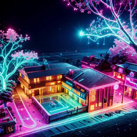 Village illuminated by neon lights，glowing animals and plants，Houses are circuit boards，Street lamps flow with liquid light，((Ae...