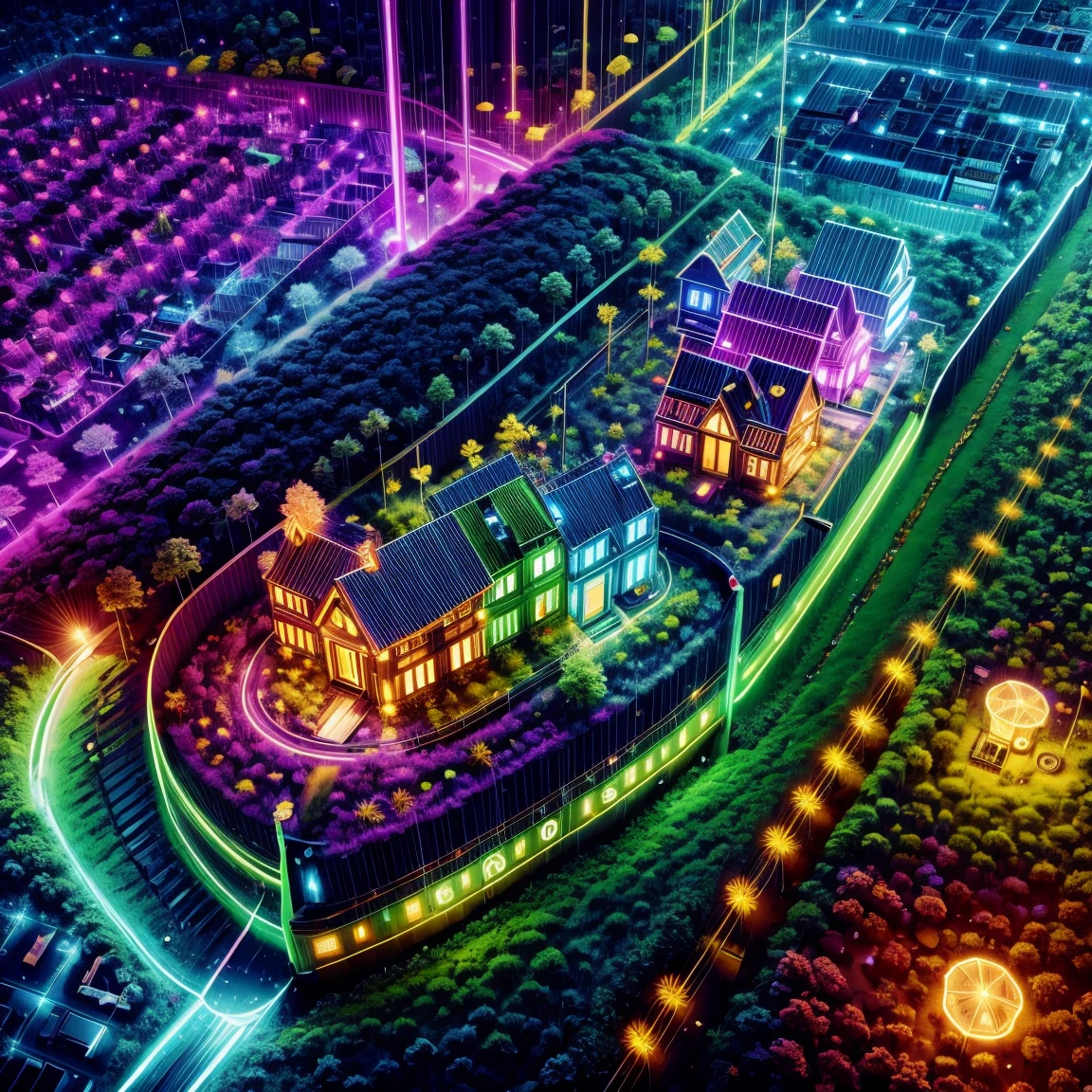 Village illuminated by neon lights，glowing animals and plants，Houses are circuit boards，Street lamps flow with liquid light，((Aerial viewing angle:1.5))