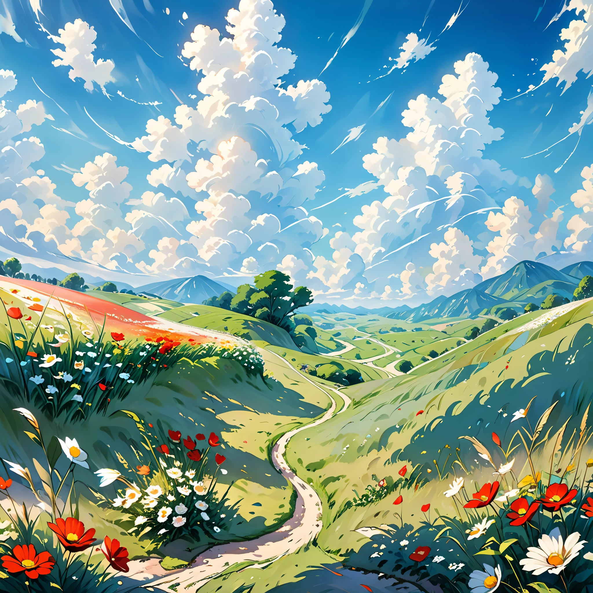 realista, autêntico, bela e incrível paisagem pintura a óleo Studio Ghibli Hayao Miyazaki&#39;pastagem de pétalas com céu azul e nuvens brancas --v6