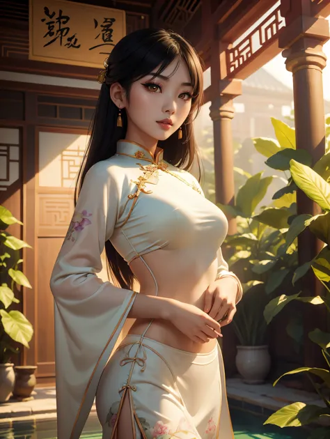 soft_light, (((soft lighting, Masterpiece portrait of Asian goth beauty wearing Cheongsam|bikini))) standing in A cozy small gar...