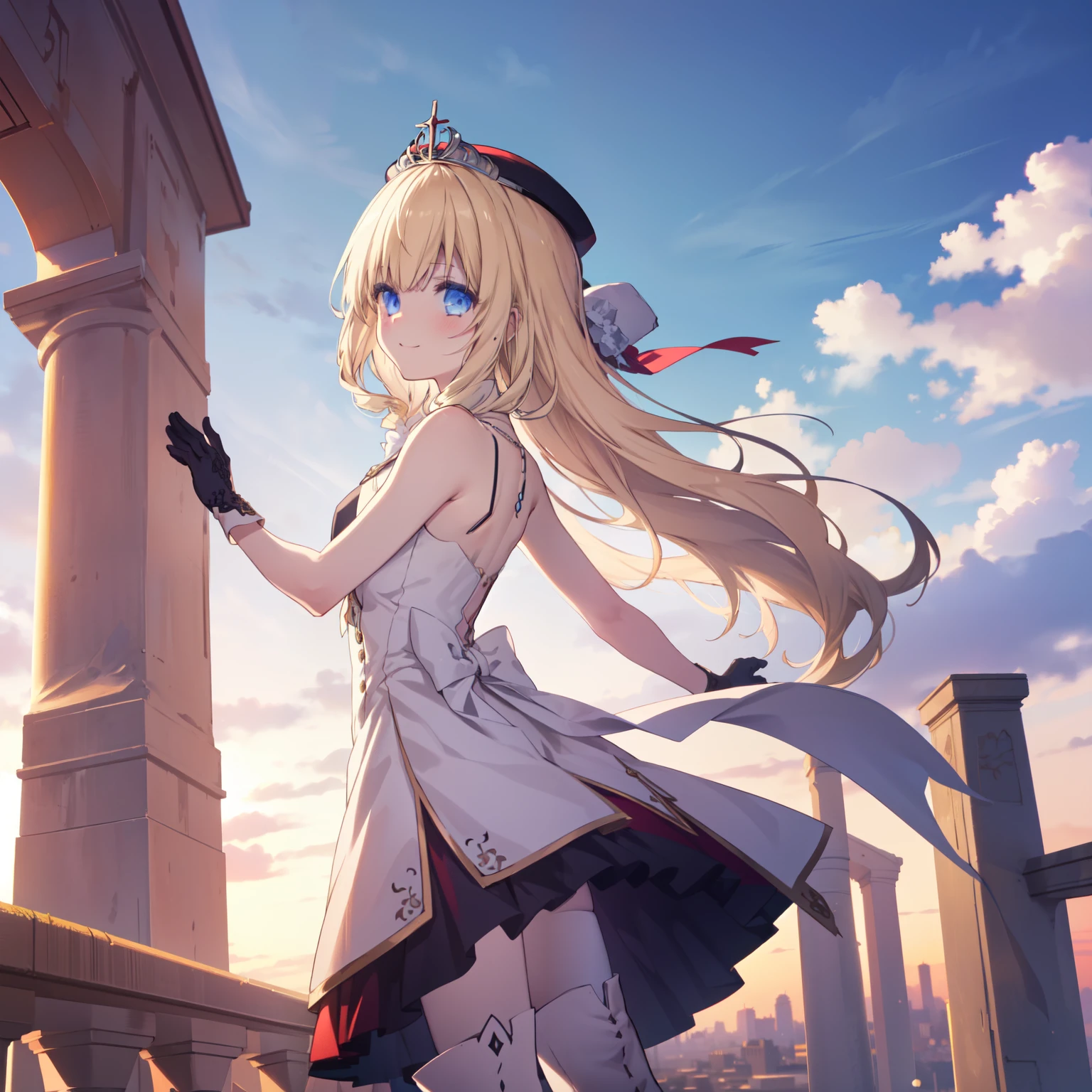 (1girl, solo), latifa fleuranza, blonde hair, drill hair, (blue eyes:1.5), long hair, very long hair, (small breast:1.2), (tiara, dress, gloves, hat, red gloves, sleeveless, sleeveless dress, thigh boots, dress, gloves, hat, red gloves, sleeveless, sleeveless dress, thigh boots, thighhighs, necklace,) looking at viewer, smile, blush, from behind, day, outdoors, sky, cloud, (masterpiece:1.2), best quality, high resolution, unity 8k wallpaper, (illustration:1.5), anime style, (beautiful detailed eyes:1.6), extremely detailed face, perfect lighting, extremely detailed CG, (perfect hands, perfect anatomy), (dynamic pose, dynamic angle:1.1),