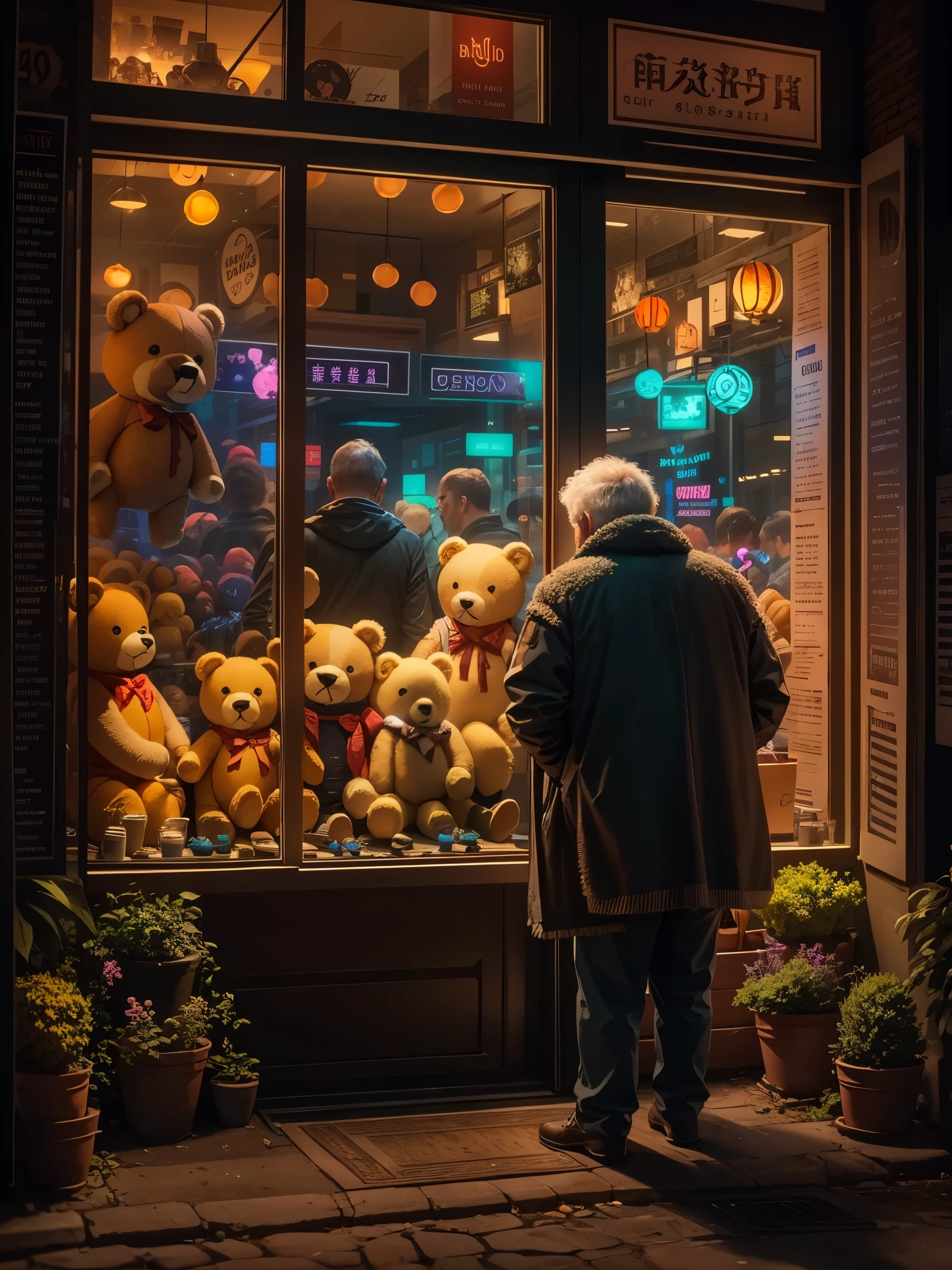 有趣的橱窗展示，创意橱窗展示，展示几只精美的泰迪熊玩偶。全局照明。粒子追踪。霓虹灯，丰富多彩的。8k超高清 。（The 老人 looks into the window。老人&#39;回来。）