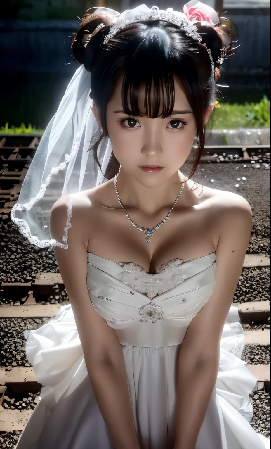 (((Pixel perfect, Perfect details))), alone, 1 girl，bride, yuigahama yui， Shut up， 美丽bride穿美麗婚紗的特写,Gurwitz, (((bride頭紗)))，（transparent short veil），blush，eye shadow，Blushing face，Head flower，headgear，((bouquet))，((((tube top wedding dress))))，(((strapless wedding dress))),(bare shoulders)，pure white dress，(necklace)，((earrings))，(large breasts:1.3)，Bangs，lipstick，((White long elbow gloves)),Half-length photo,High-detail RAW color art,White long skirt,There is a railway track next to it，(standing on the railroad tracks:1.3),18 years old, （long twintails：1.5）,(double bun:1.5), black hair,