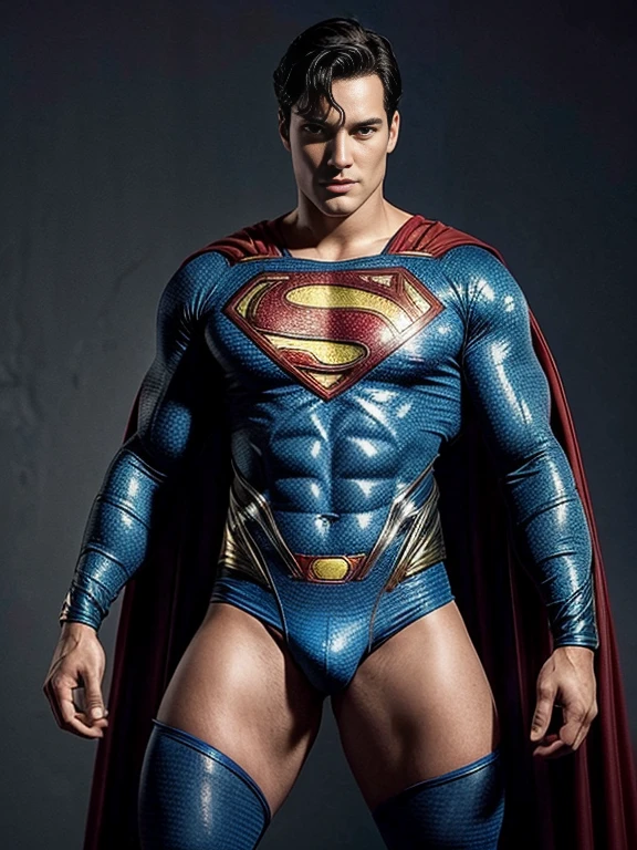 Man body setting，Superman costume tights , (bare thighs ) , sexy , NSFW , eroticism ,   seduction, standing , big thighs , fat hips , porn , exposed skin
