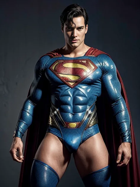 Man body setting，Superman costume tights , (bare thighs ) , sexy , NSFW , eroticism ,   seduction, standing , big thighs , fat h...