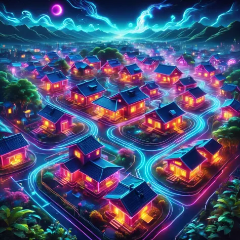 Village illuminated by neon lights，glowing animals and plants，Houses are circuit boards，Street lamps flow with liquid light，((Ae...