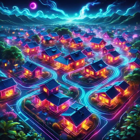 village illuminated by neon lights，glowing animals and plants，houses are circuit boards，street lamps flow with liquid light，((ae...