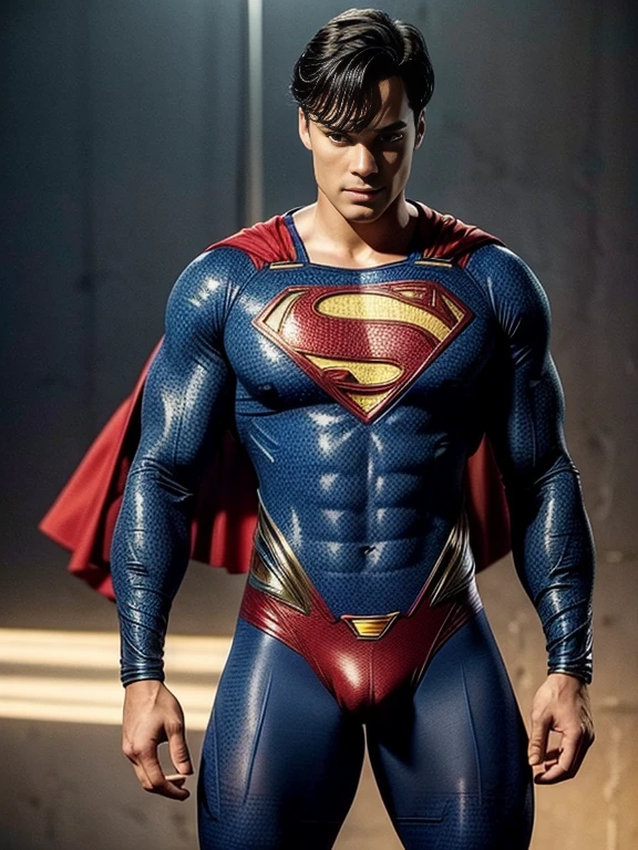 Man body setting，Superman lace costume tights , (bare thighs ) , sexy , NSFW , eroticism ,   seduction, standing , big thighs , fat hips , porn , exposed skin , exposed thighs , puffy nipples , seduction
