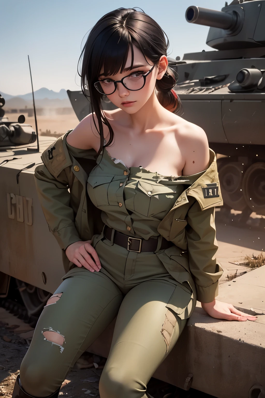 ((wide angle shot)), beautiful female veteran, black hair in a ponytail, bangs, wearing large glasses, wounds, injuries, ((wearing ww2 Oversized military uniform, Off shoulders, Distressed, worn-out)), on the ww2 battlefield