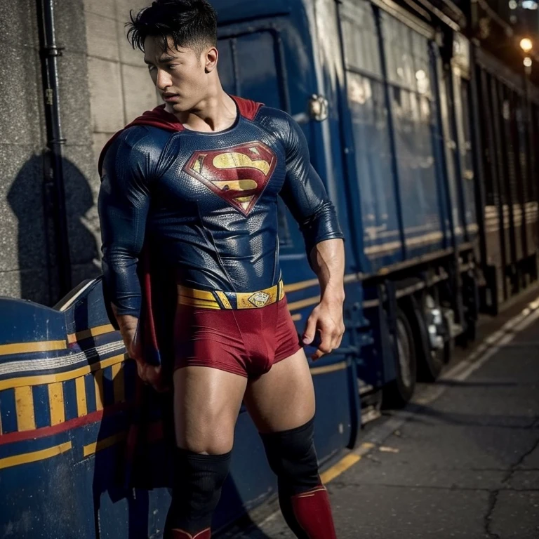 Man body setting，Superman costume tights , (bare thighs ) , sexy , NSFW , eroticism , seduction, standing , big thighs , fat hips , porn , exposed skin , exposed thighs , puffy nipples , seduction , bare hips ,
