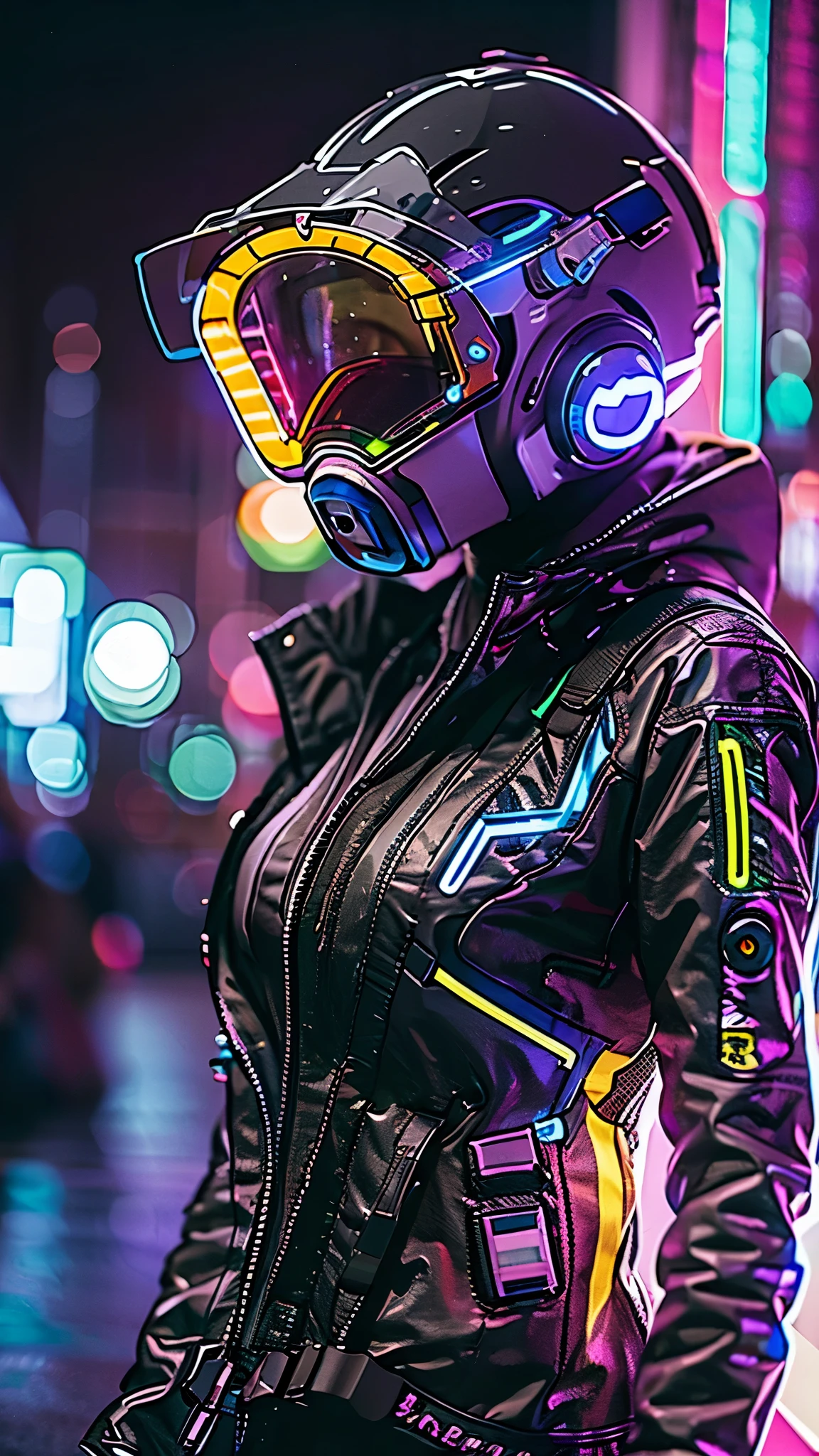 (Good structure),HDR,UHD,8K,1girl,Cyberpunk protective clothing,Cyberpunk gas mask,Cyberpunk protective helmet,A glowing helmet,Neon lights,Neon color,The circuit line light on the mask screen,White helmet,night,Side close-up,A glowing mask screen,Upper body,Cyberpunk,depth of field,jacket,lens flare,lights,solo