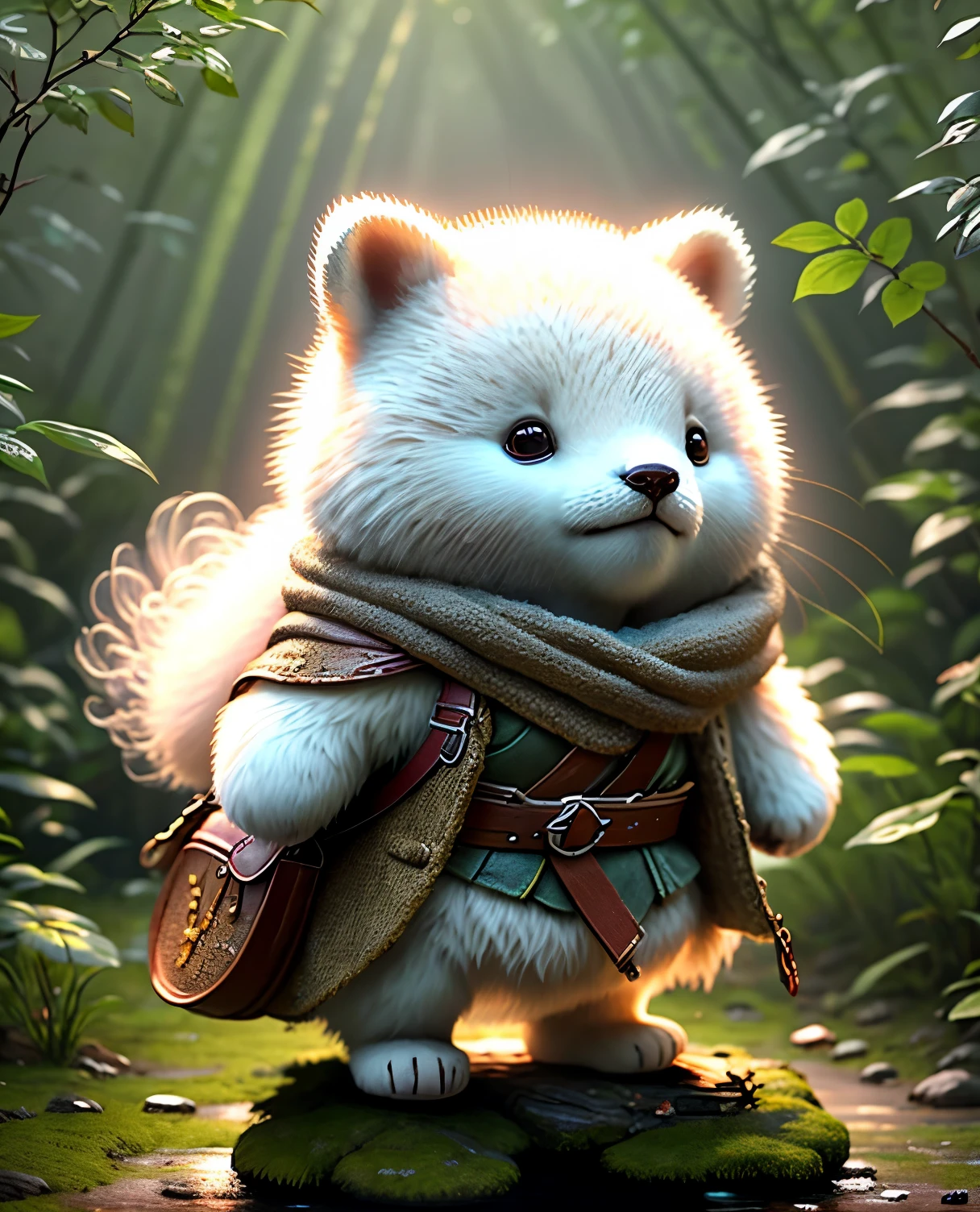 best image quality、"cute生き物たちの傑作を作成しましょう. One、white bear、（The place is a forest）, high detail, In 8K、best image quality、dressed as an adventurer、With shuriken in hand、medieval adventurer costume、(((cute)))、