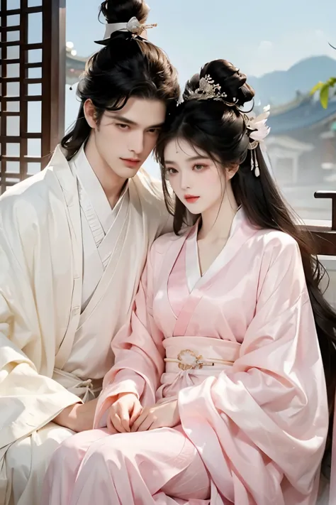 A handsome guy and a beautiful girl are leaning against each other，quiet and peaceful，faint smile，Chinese style clothing and acc...