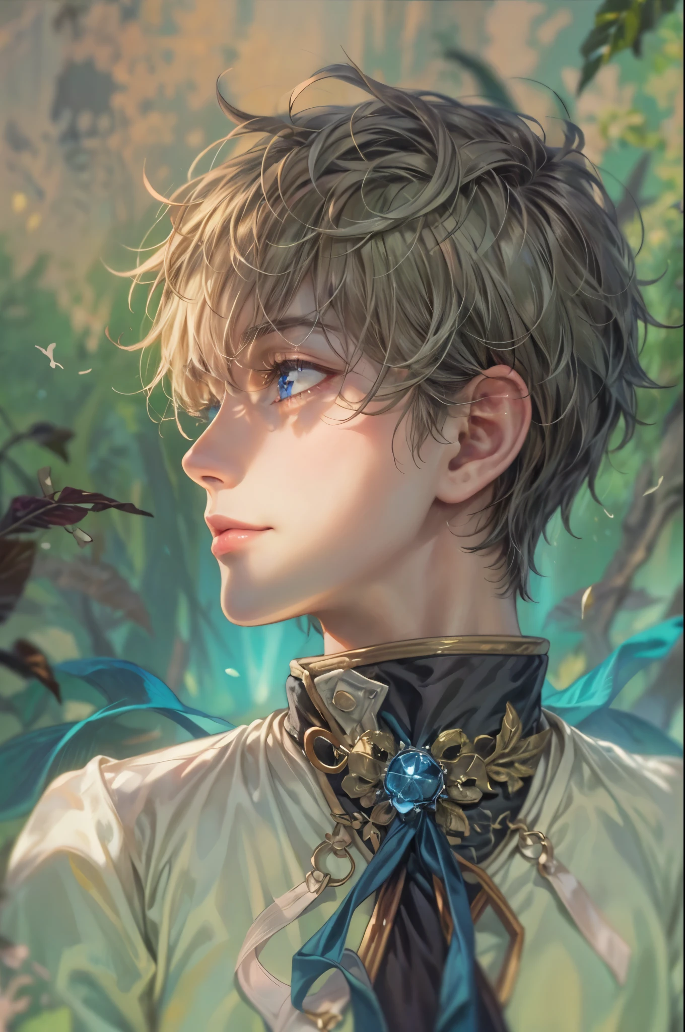 ((Best quality)), ((masterpiece)), (detailed), ((perfect face)), ((halfbody)) handsome face, male, teen boy,  perfect proportions , a male version character from tales of the rays, short hair, male version, creepy smile, detailed eerie background, detailed eerie scenery 