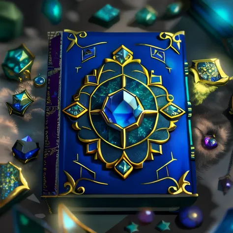 blue magic book，There are gems on the book，mysterious，Ultra HD quality，noble，Luxurious