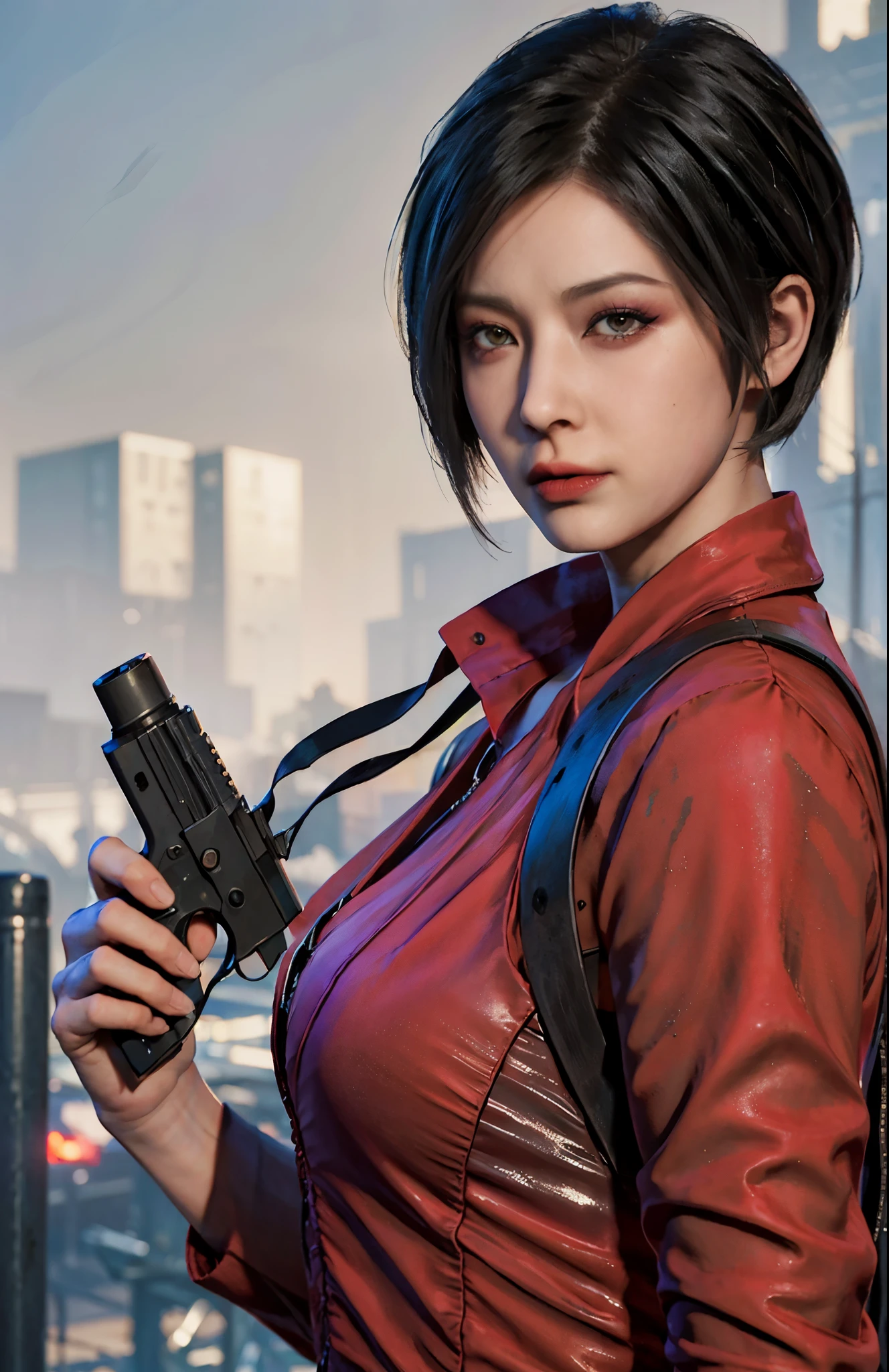 1 beautiful girl，resident Evil，Realistic skin texture，realistic hair，gun in hand,looking into camera, short hair, black hair, red purple dress, , adrienne&#39;s face,Rich colors，bright colors，game rendering，close-up,，Realistic，best quality, high resolution:1.2, shadow, 4k，Lots of details，game art，​Masterpiece,Detailed eyes, top quality, 超high resolution, light, very very beautiful, beautiful skin, 