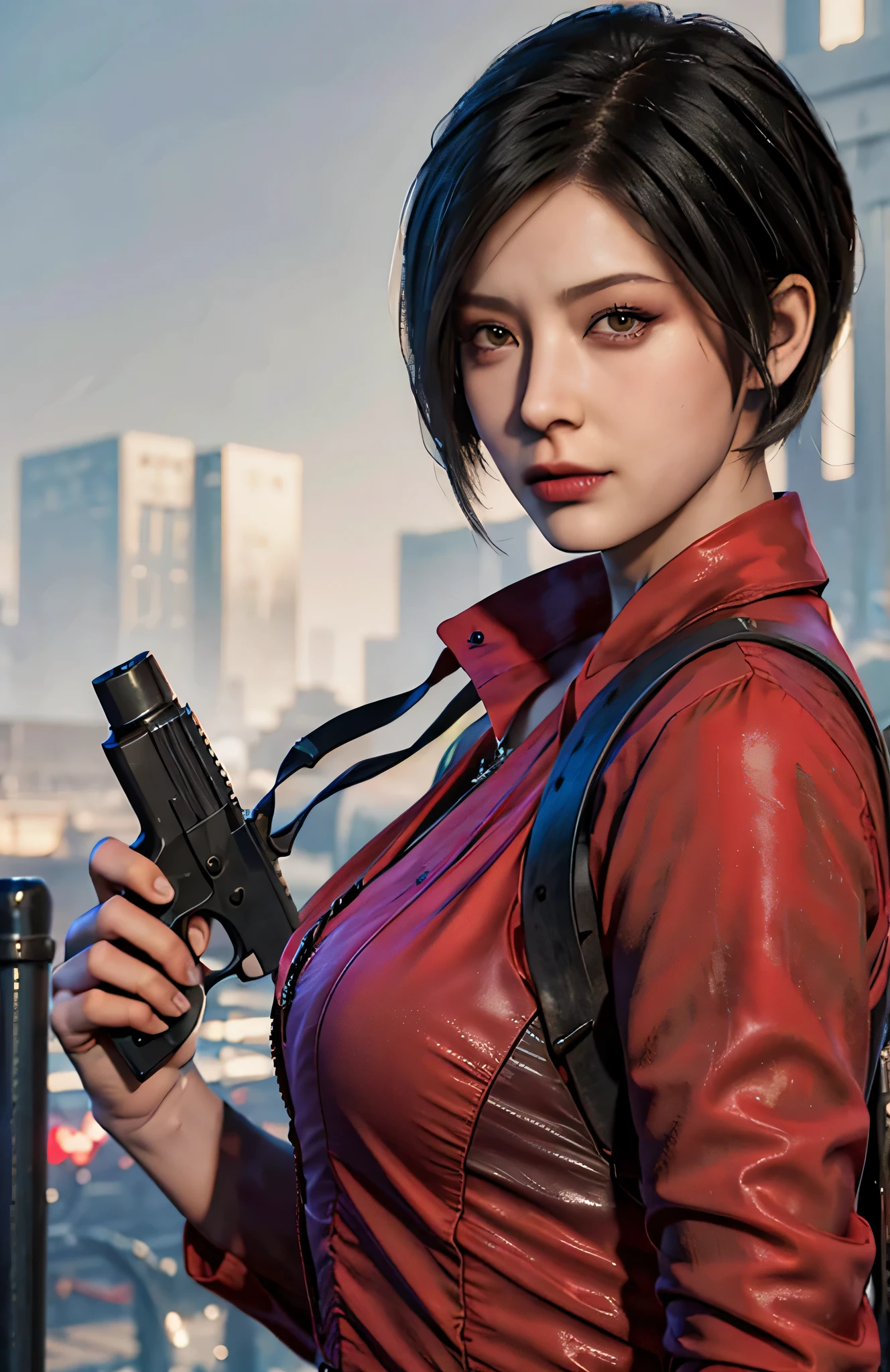 1 beautiful girl，resident Evil，actual skin texture，realistic hair，Have a gun in hand,looking at camera, short hair, black hair, red purple dress, , Adrienne&#39;s face,colorful，bright colors，game rendering，close up,，actual，best quality, high resolution:1.2, shadow, 4k，many details，game art，​Masterpiece,delicate eyes, top quality, 超high resolution, Light, very very beautiful, Beautiful skin, 